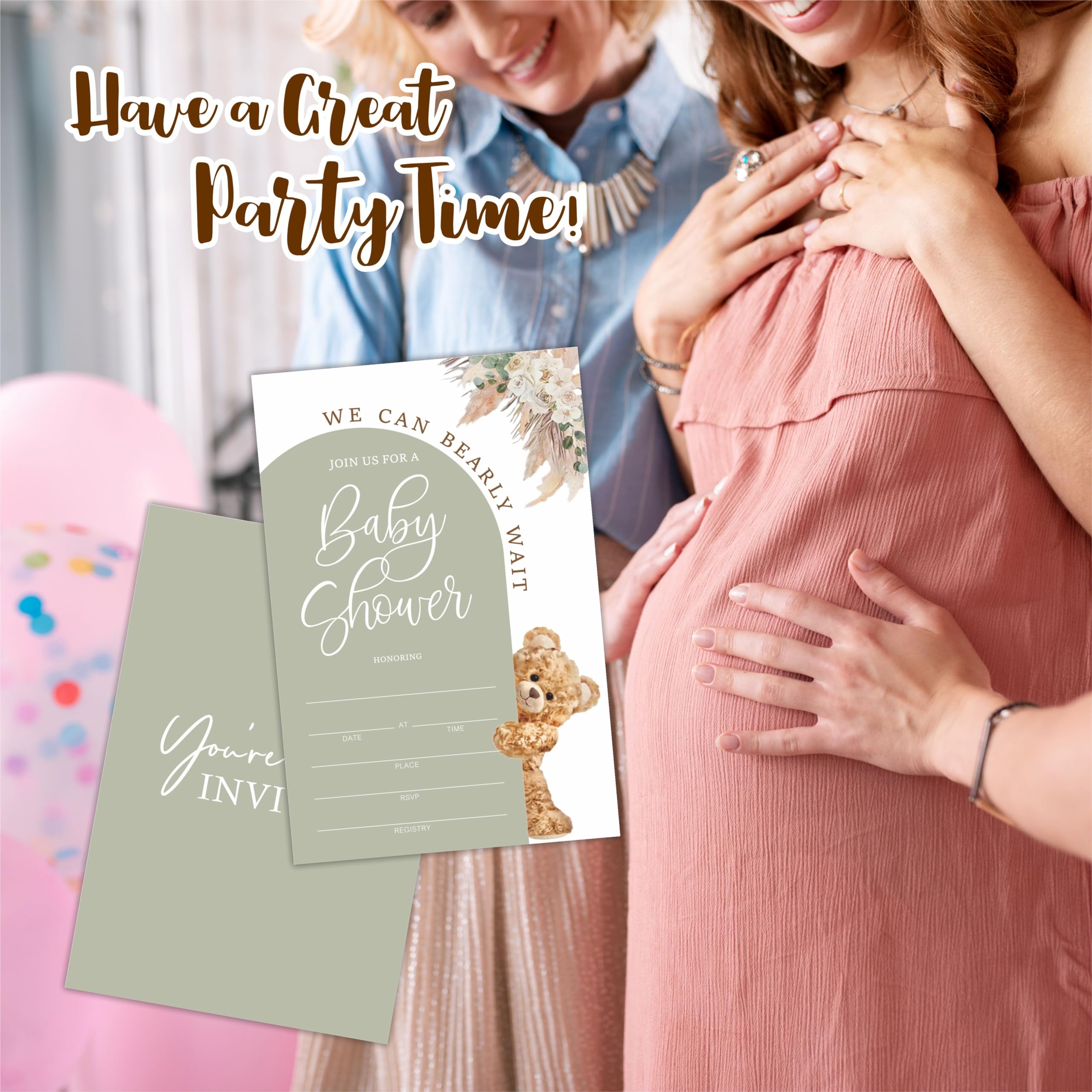 25 tarjetas de invitación para baby shower con diseño de arco verde y oso con sobres, invitaciones para baby shower, revelación de género, anuncio de bebé, recuerdo de fiesta y accesorios