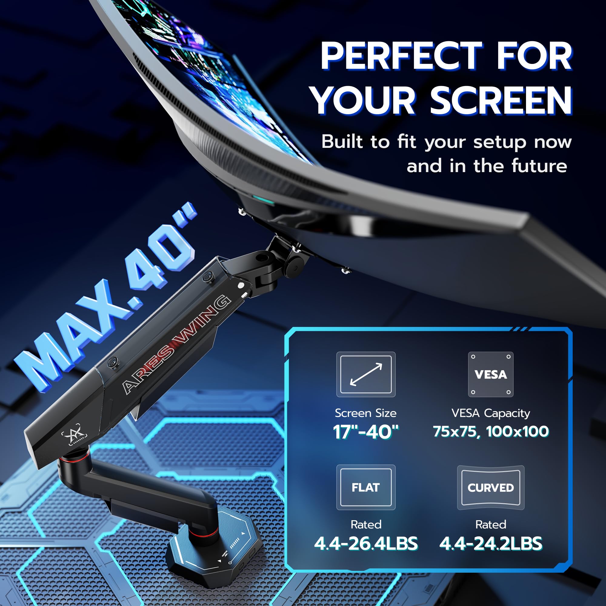 ARES WING Bras écran pc 17-40 Pouces Charge 12kg VESA 75/100 réglable Noir | Support écran pc plats & incurvés, multi-angle, fixation pince/trou，Gaming Monitor arm avec gestion câbles, aluminium