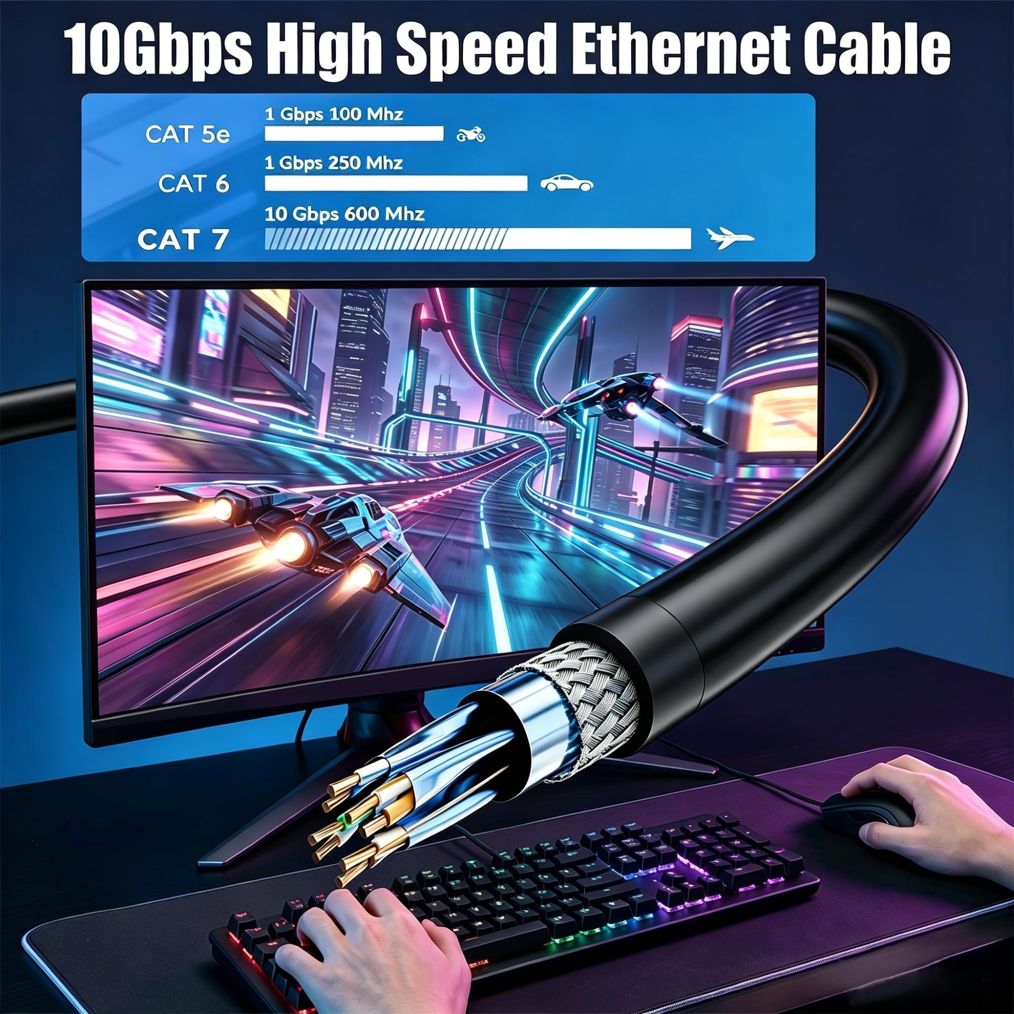 100 m czarny kabel Ethernet CAT 7, kabel sieciowy LAN, 10 Gbps, zewnętrzny kabel instalacyjny, miedziany AWG24, czarny, wodoodporny kabel sieciowy do użytku na zewnątrz, odporny na