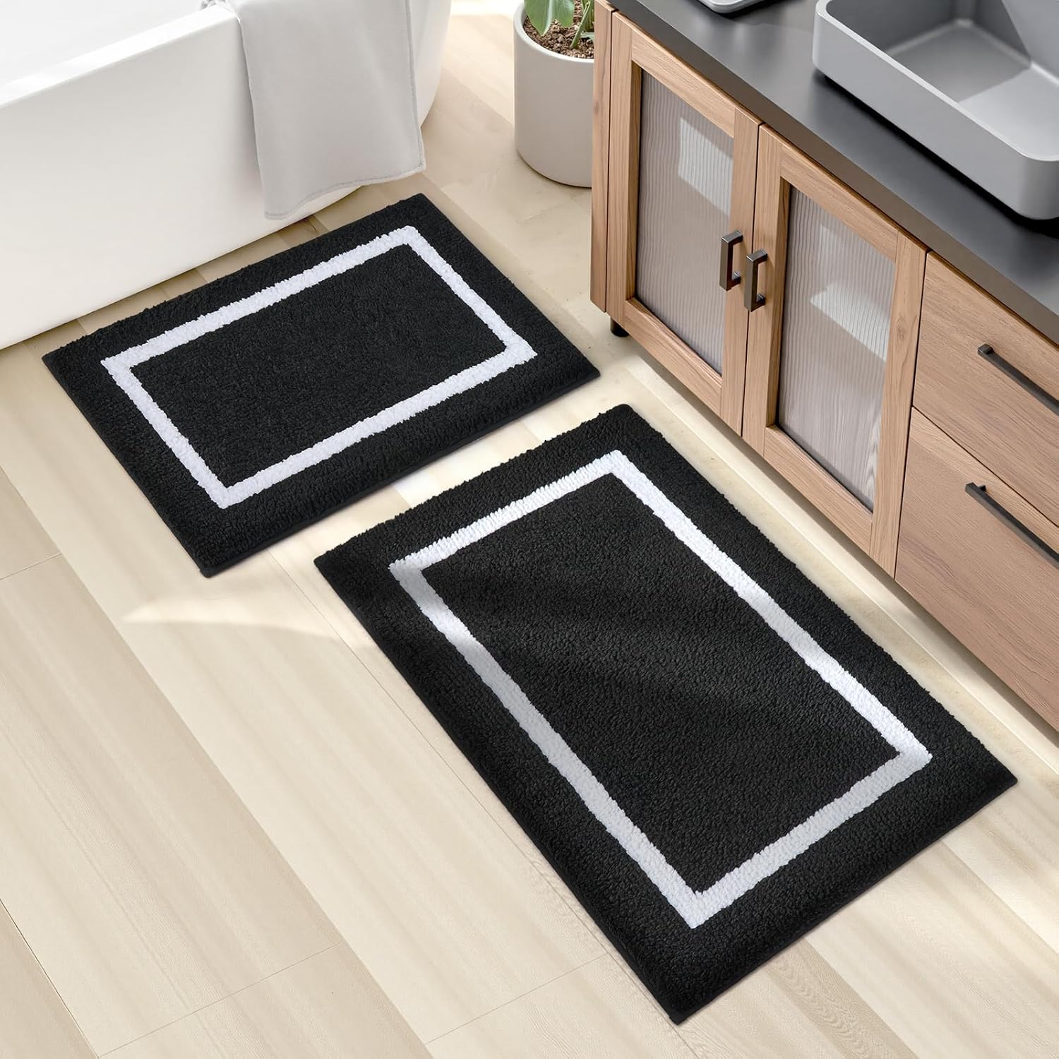 HOMEIDEAS Black and White Bathroom Rugs Sets 2 Piece Super Soft and Absorbent Microfiber Tufted Bath Mats Non-Slip