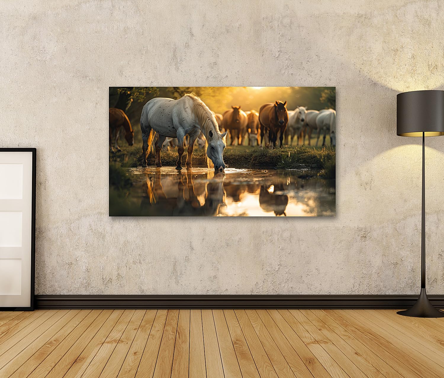 islandburner Cuadro sobre lienzo caballos bebiendo al atardecer junto al agua para sala de estar amantes de los caballos cuadros cuadros cuadros murales póster