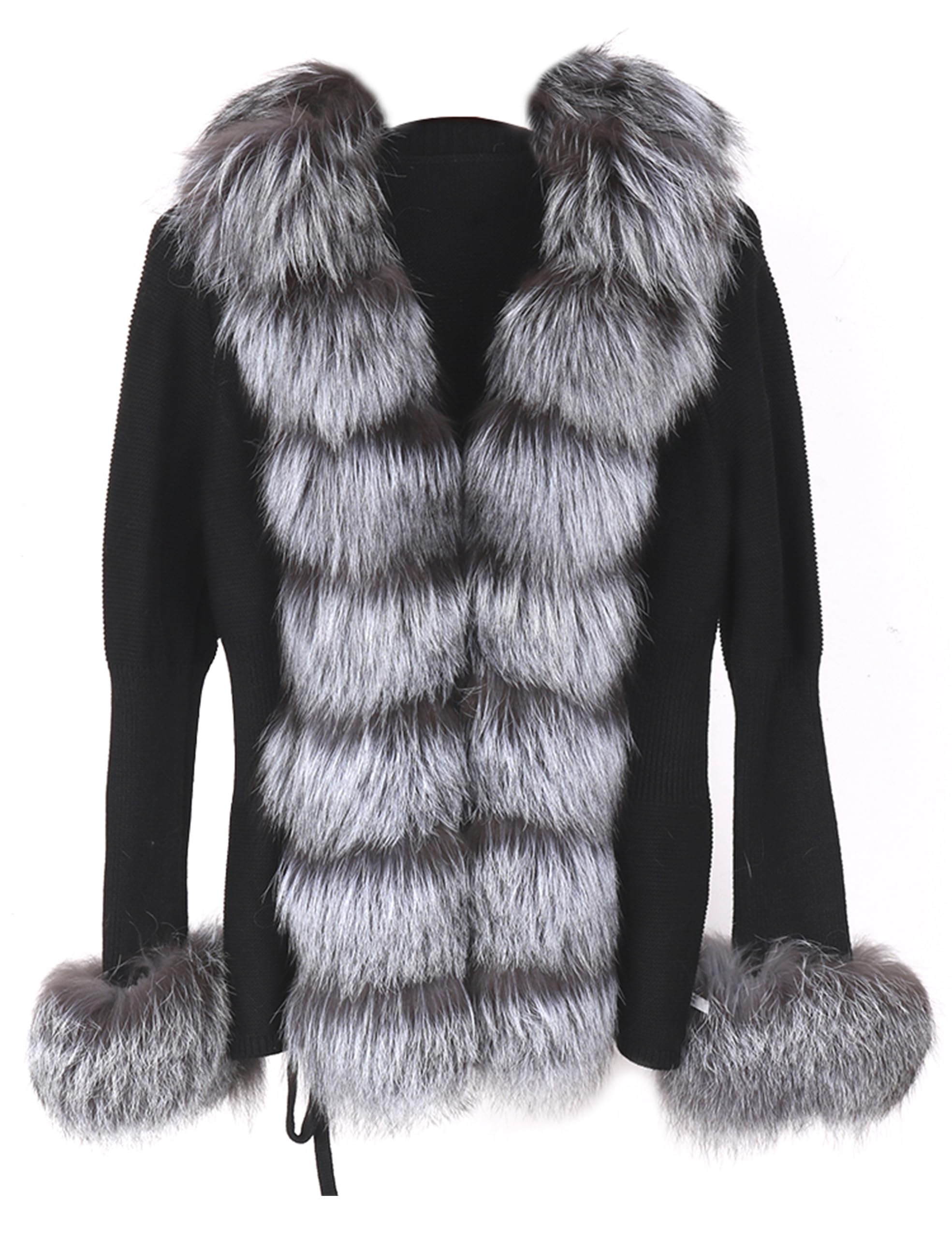 Womens Cardigan with Pockets Winter Open Front Sweater with Genuine Fox Fur Trim