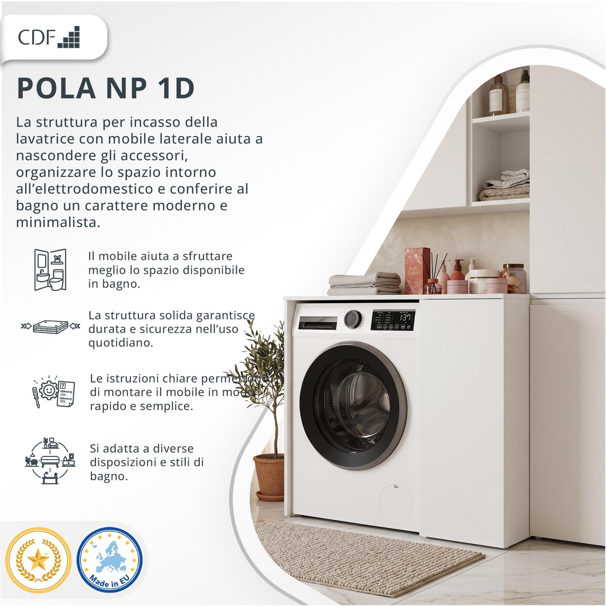 CDF Armadio per Lavatrice 1 Anta 95x88,5x64 cm Bianco con Ripiani Laterali