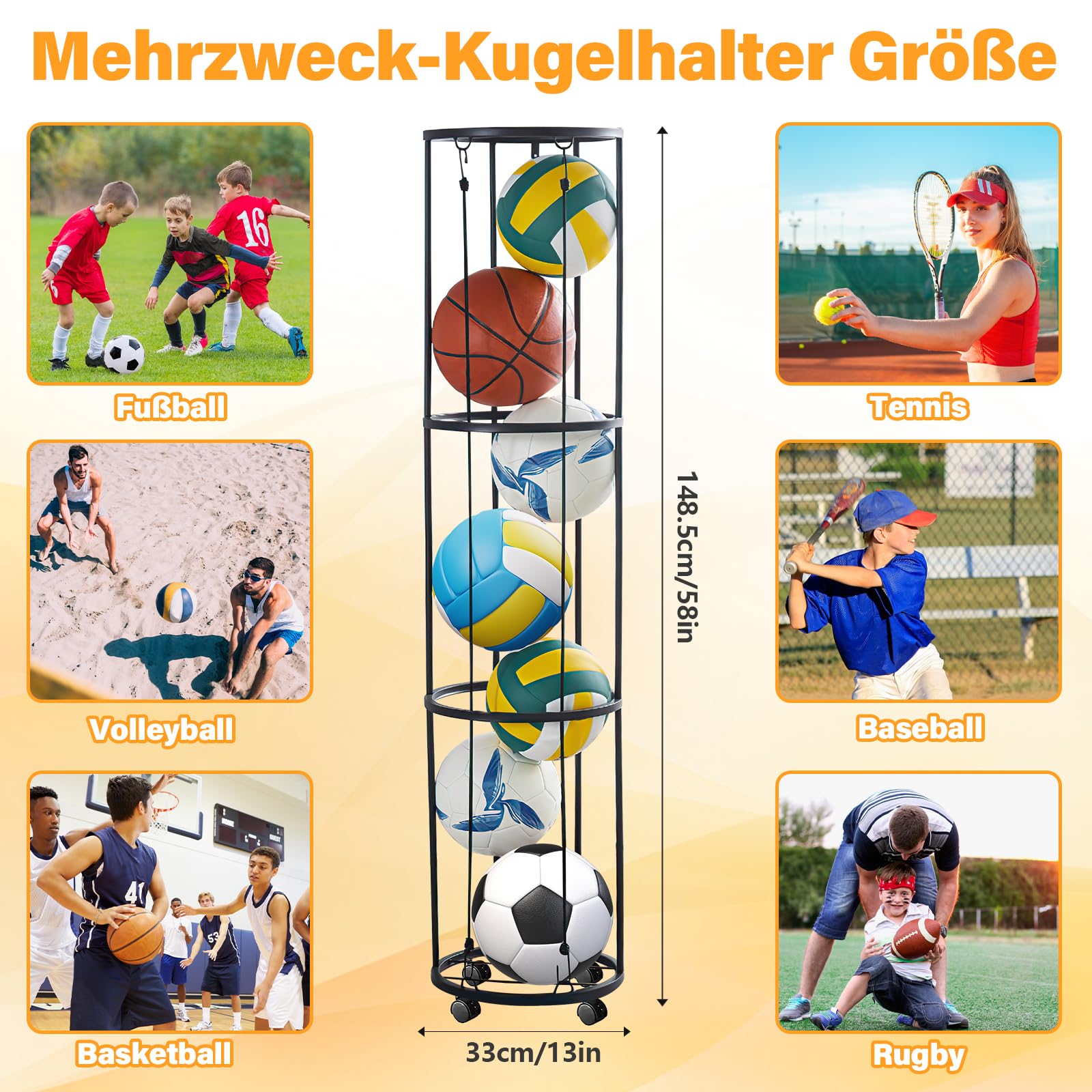 Ballständer mit Rollen Sparende Abnehmbare Stehend Ballhalter, Garage Ball Aufbewahrung Sports Storage für Volleyball Fußball Basketball Ballhalterung Wand Storage (Schwarz)