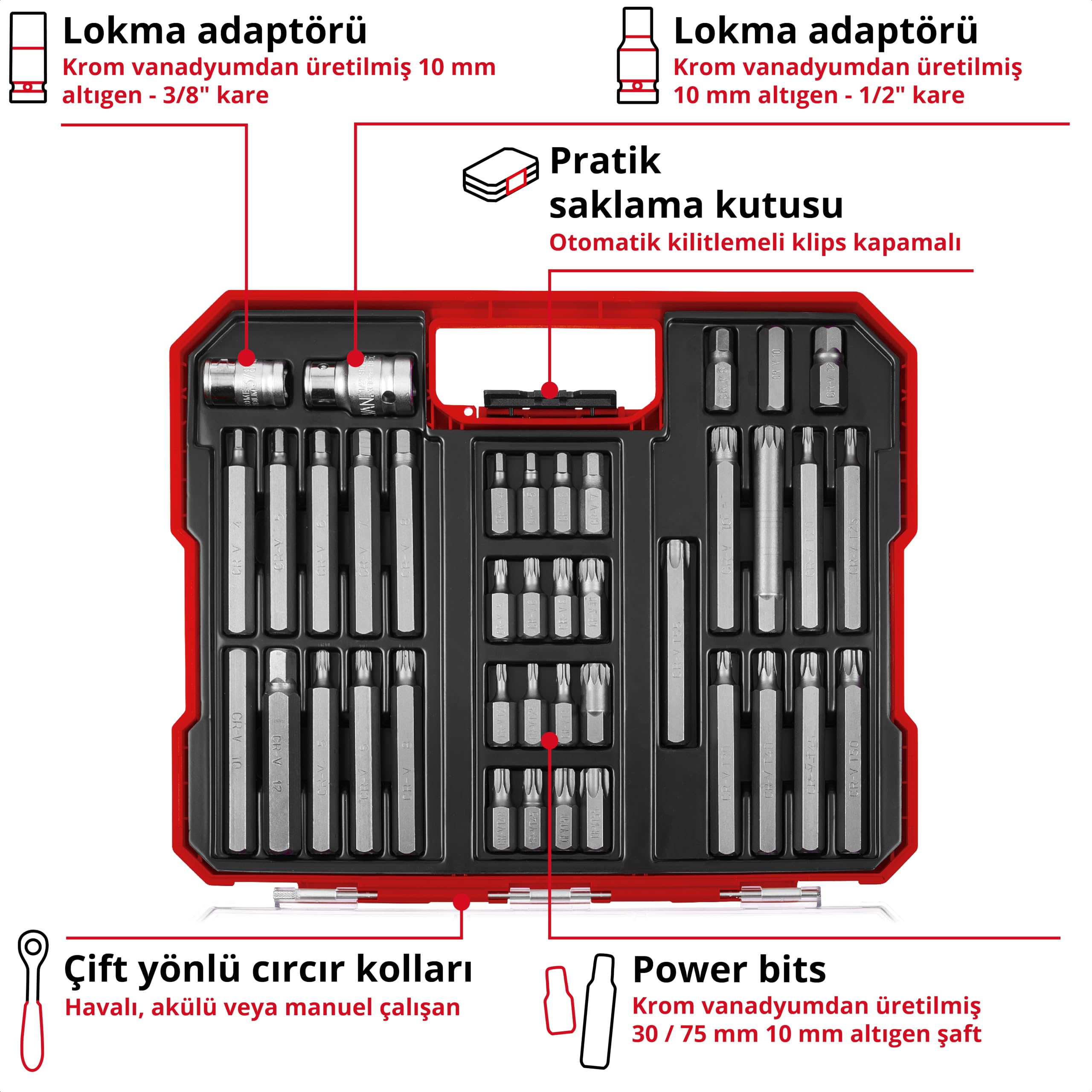 Orijinal Einhell XL-CASE Otomotiv Bit Seti – 40 Parça (10 mm Altıgen Saplı CrV Çelik Power Bitler, 10 mm Altıgen 3/8" ve 1/2" Kare Lokma Adaptörleri, Saklama Kutusu Dahil) - 49109032