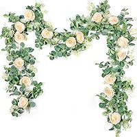DerRose 2-Pack 13FT Artificial Eucalyptus Garland with Champagne Roses - Lifelike Seeded Greenery Vine for Wedding, Party & Home Decor