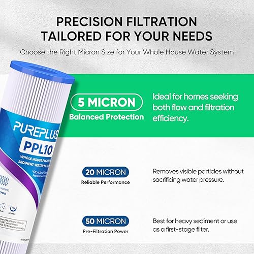 Miniatura 6 de PUREPLUS Filtro de sedimento plisado para toda la casa de 5 micras de 10 x 2.5 pulgadas para agua de pozo, cartucho de repuesto para sistema