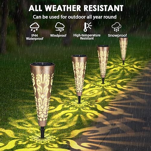 Miniatura 6 de Paquete de 8 luces solares de metal para exteriores, impermeables, luces solares para caminos, luces solares de jardín con patrón de luz único,