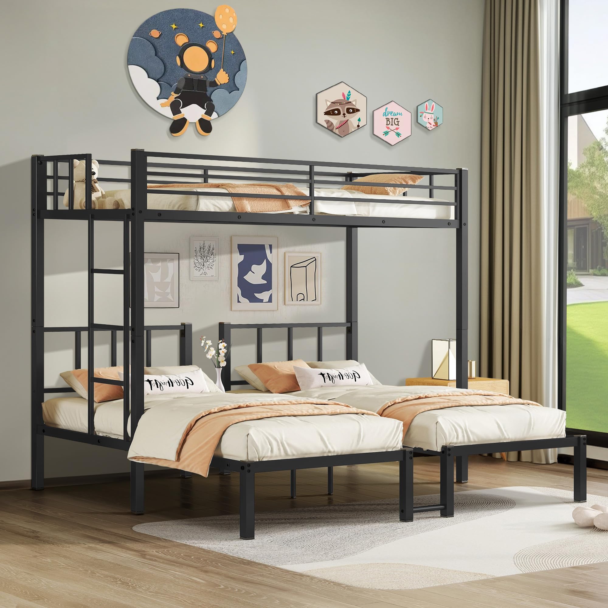 EYATZO Heavy Duty Triple Bunk Bed for Kids, Twin Over Twin Over Twin Bunk Bed, Metal 3 Bed Bunk Beds for Teens and Adults, No Box Spring Needed, Black