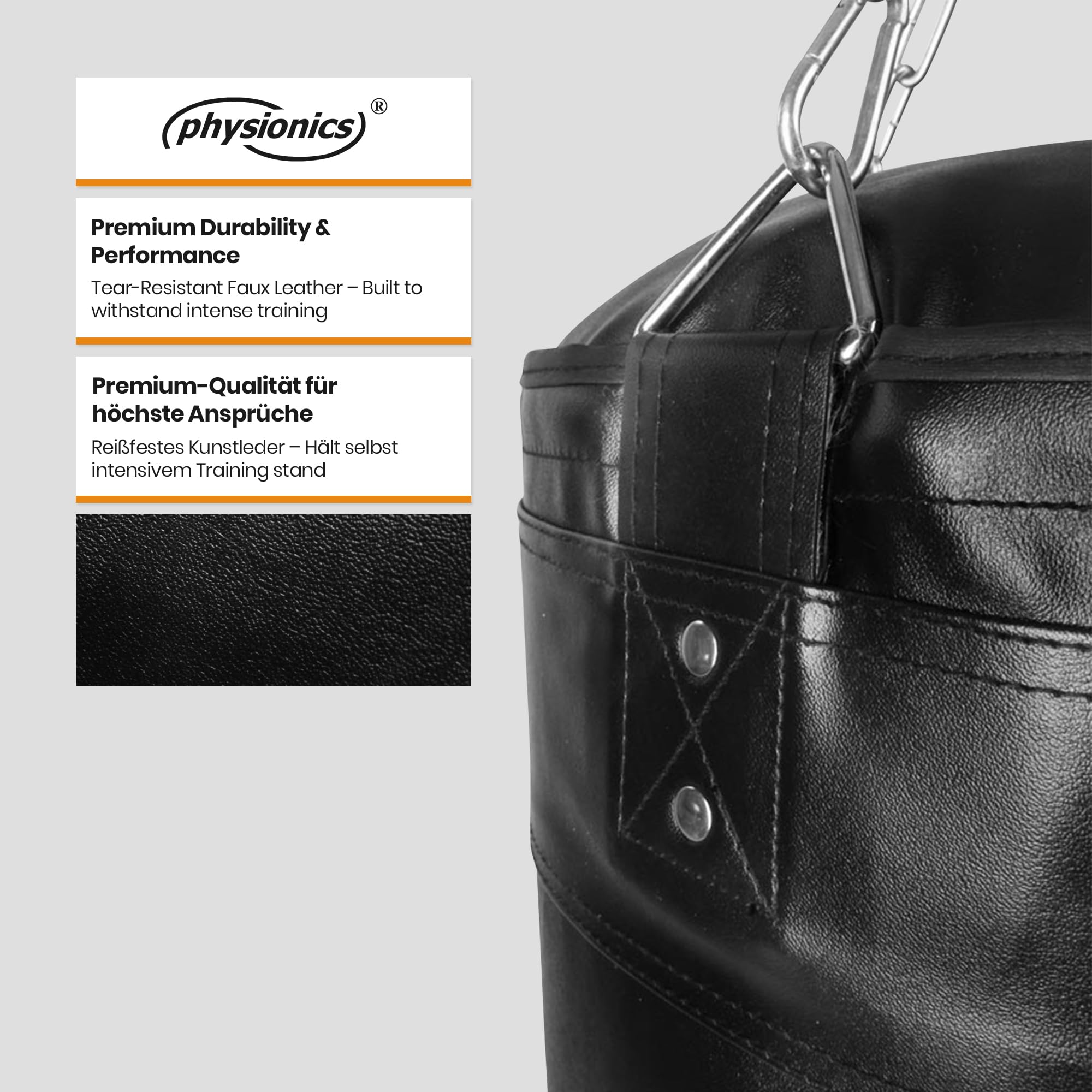 Physionics® Sac Frappe - Rempli, 100cm/120cm, 27kg/30kg, 4 Chaînettes, 2 Mousquetons et Crochet Pivotant - Boxe Adulte, Punching Bag, MMA, Muay Thai, Kickboxing, Arts Martiaux
