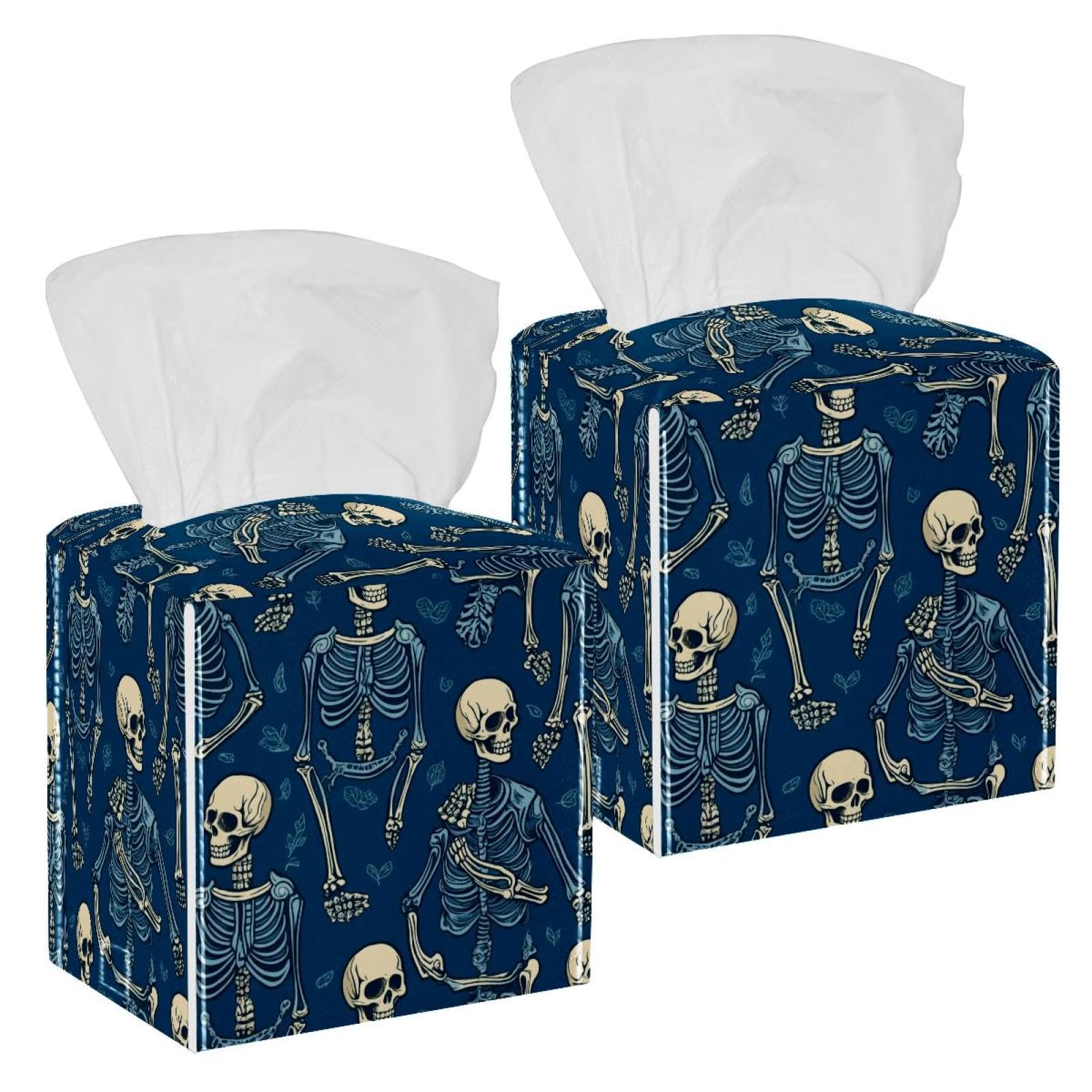 Retro Skull Tissue Box Cover, 2 Pack PU Leather Square Facial Tissue Dispenser Box holder for Home Office Car