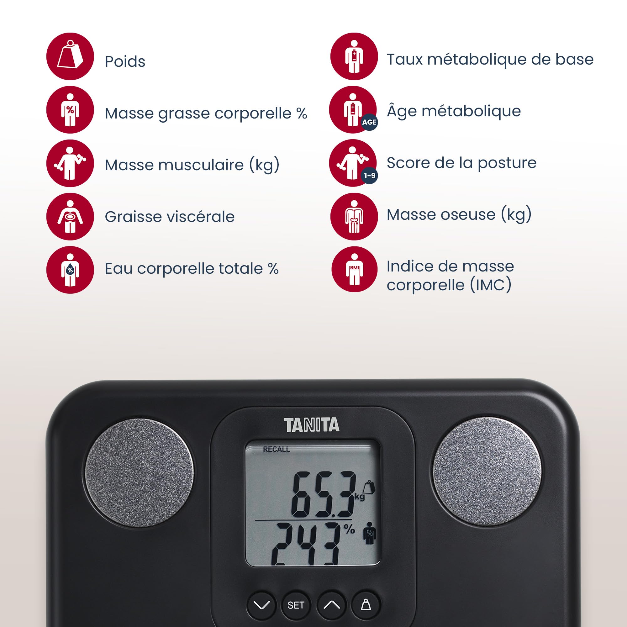 TANITA BC-730 Moniteur de Composition Corporelle Léger et Compact avec Housse de Voyage, Balayage Interne, Affichage Facile à Lire, 9 Mesures – Noir