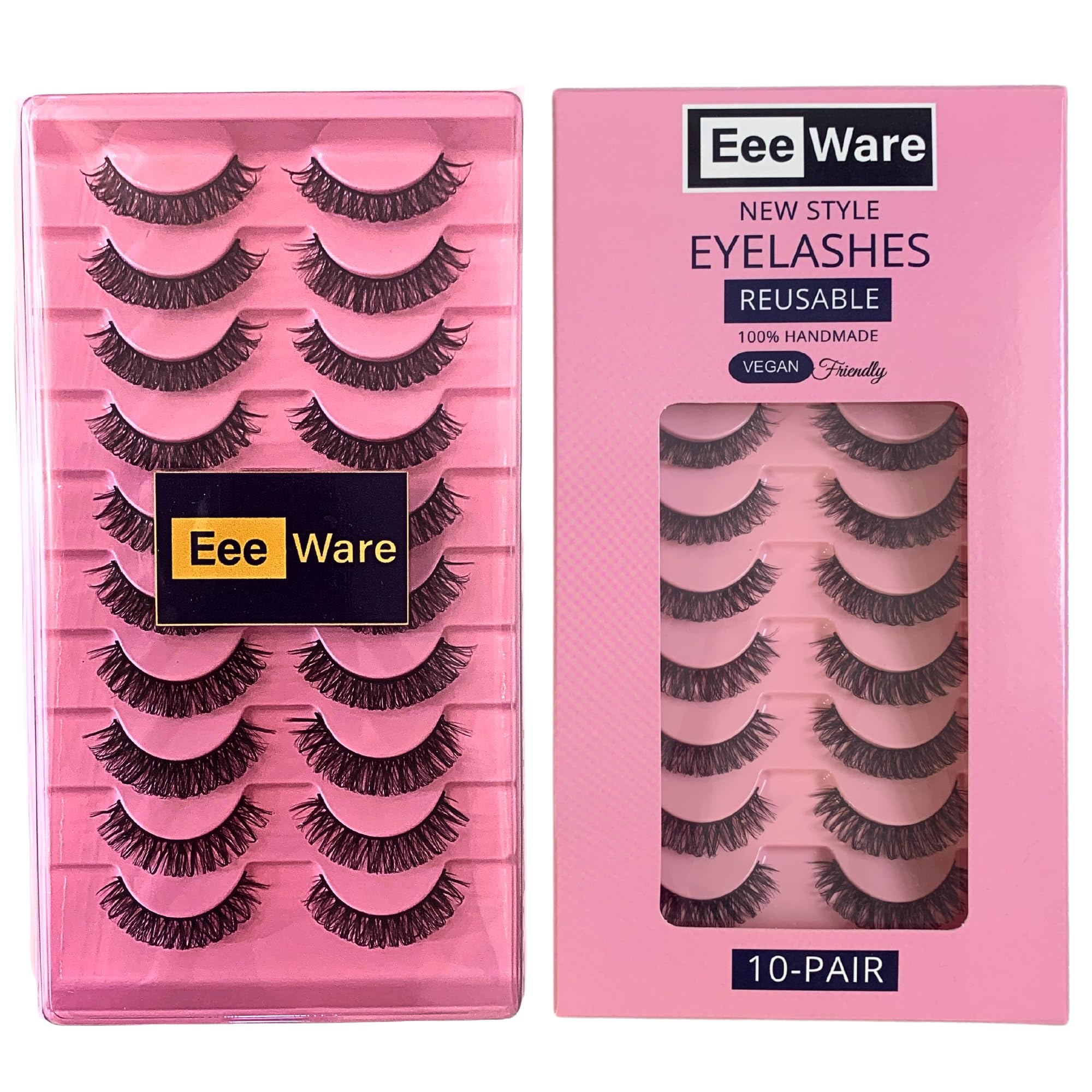 EeeWare Fluffy Wispy Cat Eye False Eyelashes - Lightweight Reusable Faux Mink Lashes for Natural Glam Look - 10 works