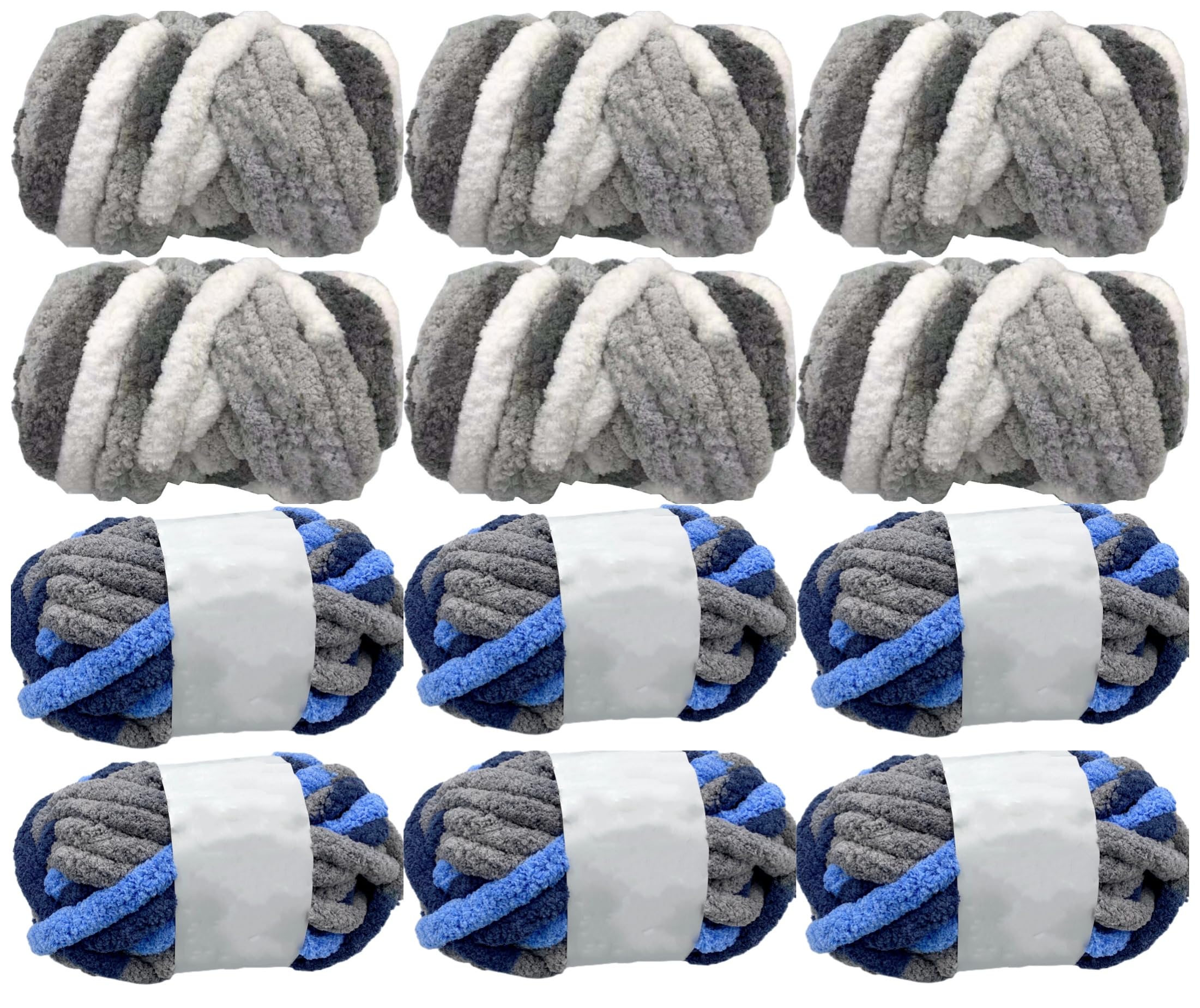 Super Bulky Chunky Blanket Chenille Yarn 6lb for Arm Knitting, 6 Pack Stripes Multicolored Gray White + 6 Pack Multi Blue Polyester Jumbo Easy Weaving Yarn Luxury Qucik Thick Yarns