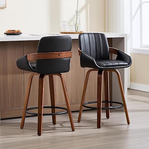 Swivel Bar Stools Set of 2, 26" Counter Height Bar Stools with Back and Arms, Faux Leather Modern Upholstered Bar Chairs with Walnut Frame for