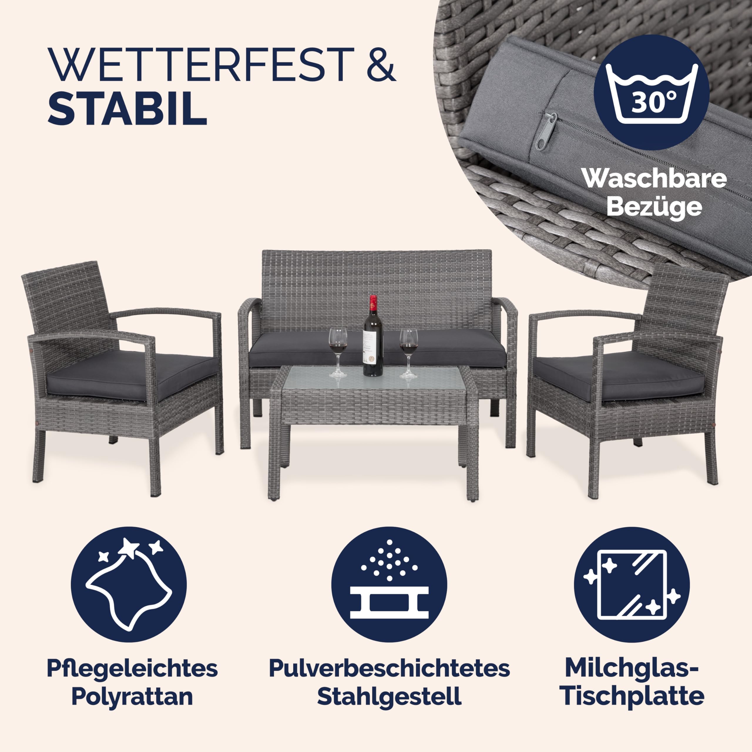 CASARIA Conjunto Muebles Jardín 4 Piezas Poliratán Mesa Cristal Gris | 2 Sillones, Banco, Cojines 5cm, Acero Galvanizado, Repelente Agua, Patas Regulables, 4 Personas, Terraza, Balcón, Ventosas