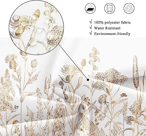 Miniatura 6 de Riyidecor Cortina de ducha con flores silvestres florales de oro blanco para decoración de baño, 72 pulgadas de ancho x 72 pulgadas de alto, hierbas
