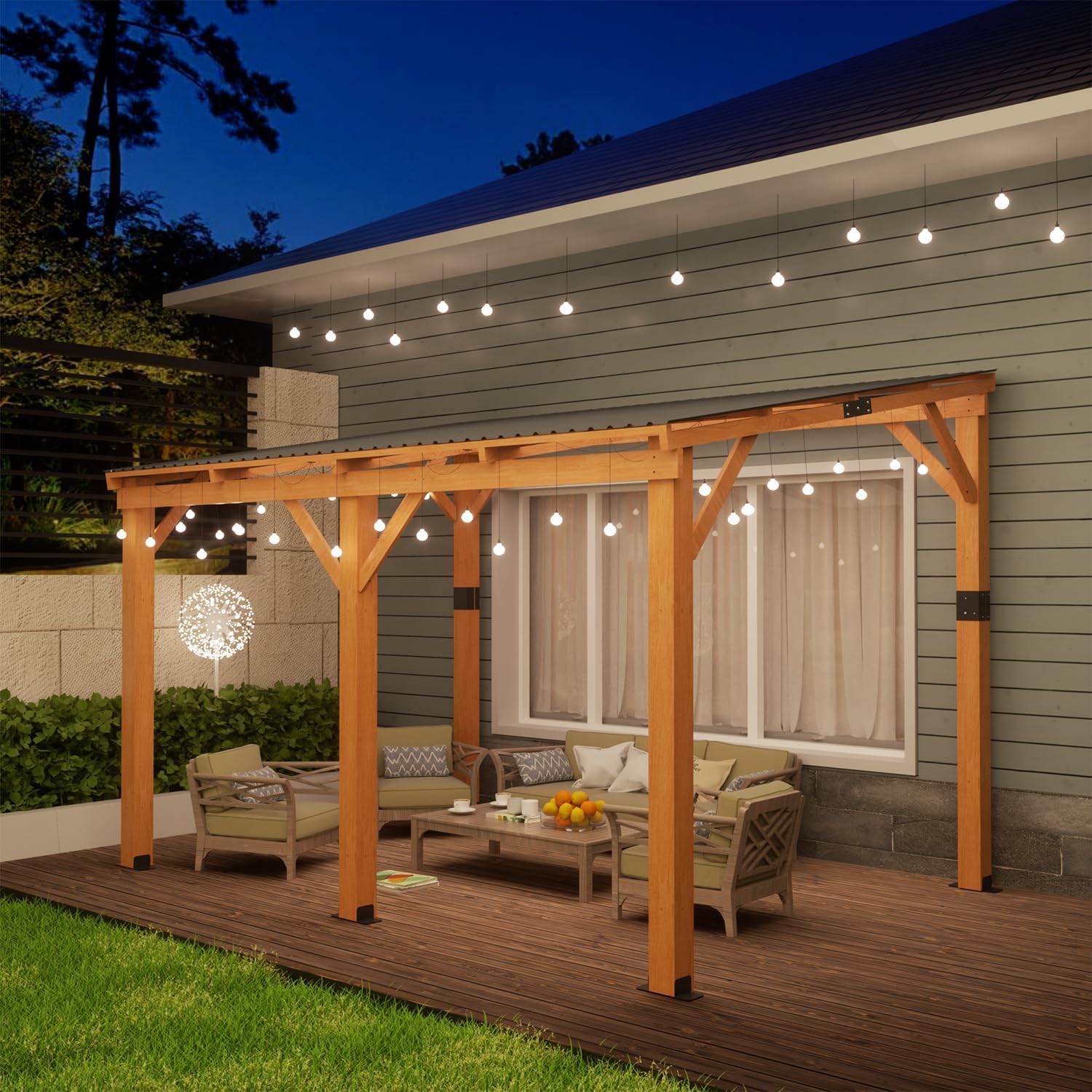 10'x14' Outdoor Wood Gazebo, Lean to Hardtop Pergolas and Gazebos Clearance, Wall Mounted Wooden Gazebo with Galvanized Steel Roof, Heavy Duty Awning for Patio, Deck, Backyard