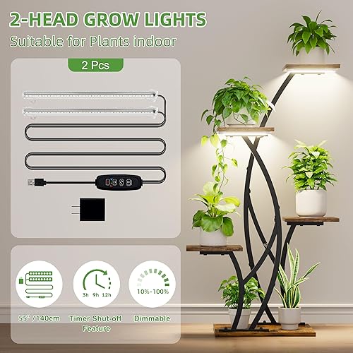 Miniatura 6 de Soporte para plantas con luces de crecimiento, paquete de 2 soportes de metal para plantas de interior para plantas pequeñas, estante esquinero de 5