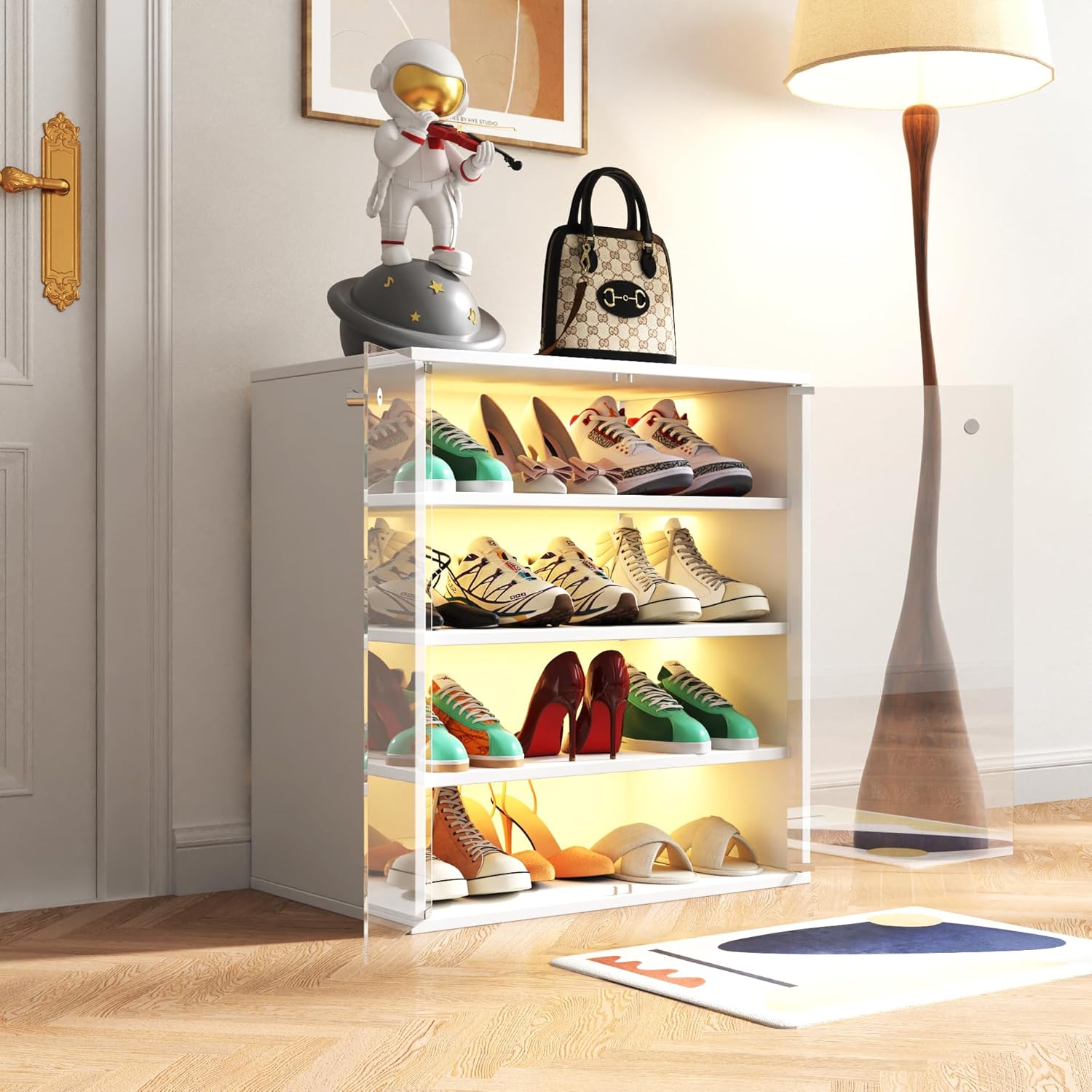 Homtique Shoe Box with RGB LED Light, Modern 4-Tier Stackable Storage Shoe Cabinet Shoe Display with Glass Door for Sneakers(White)
