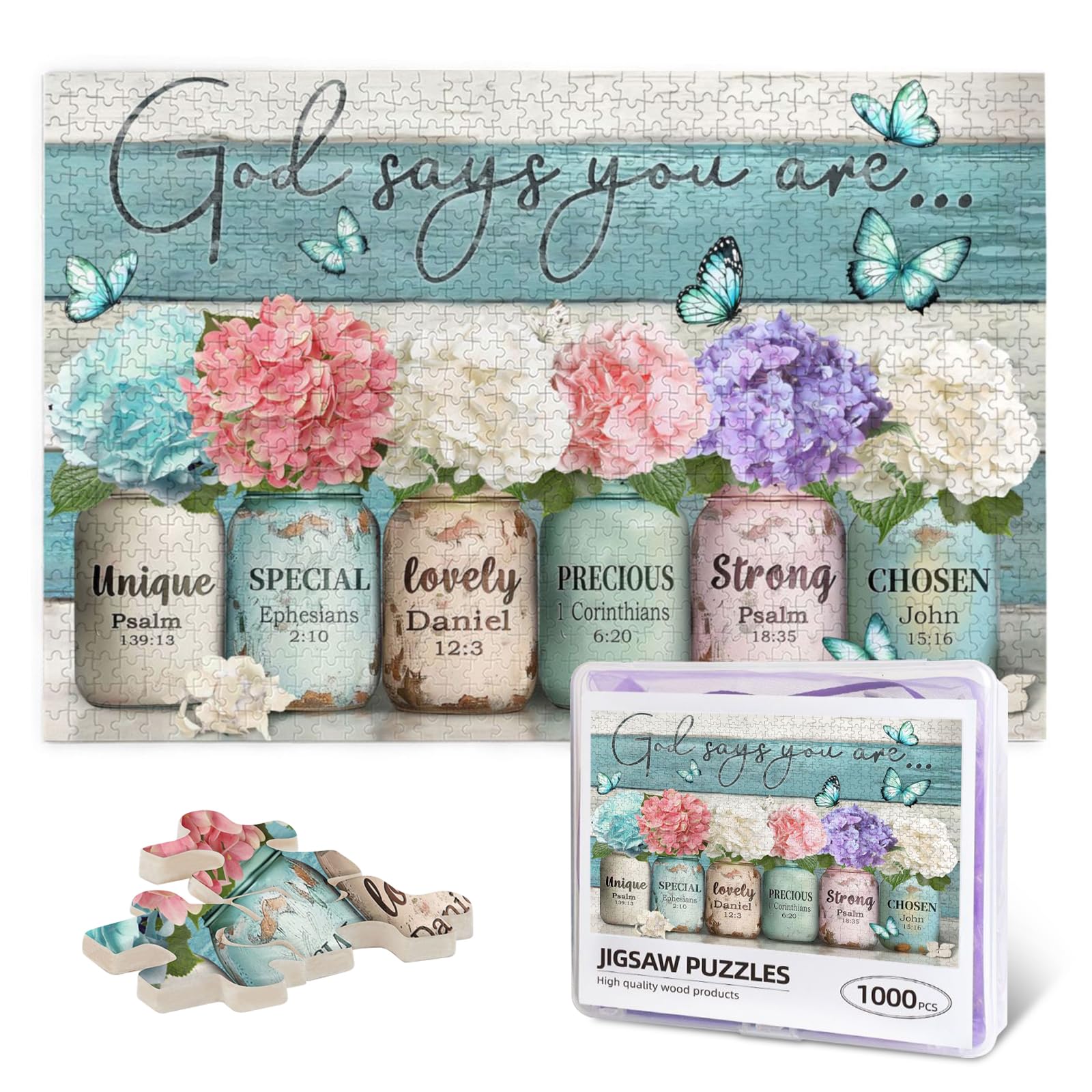Christian Jigsaw Puzzle for Adults 1000 Pieces Farmhouse Butterfly Flowers Religious Puzzles Scripture Bible God Says You are Inspirational Wooden