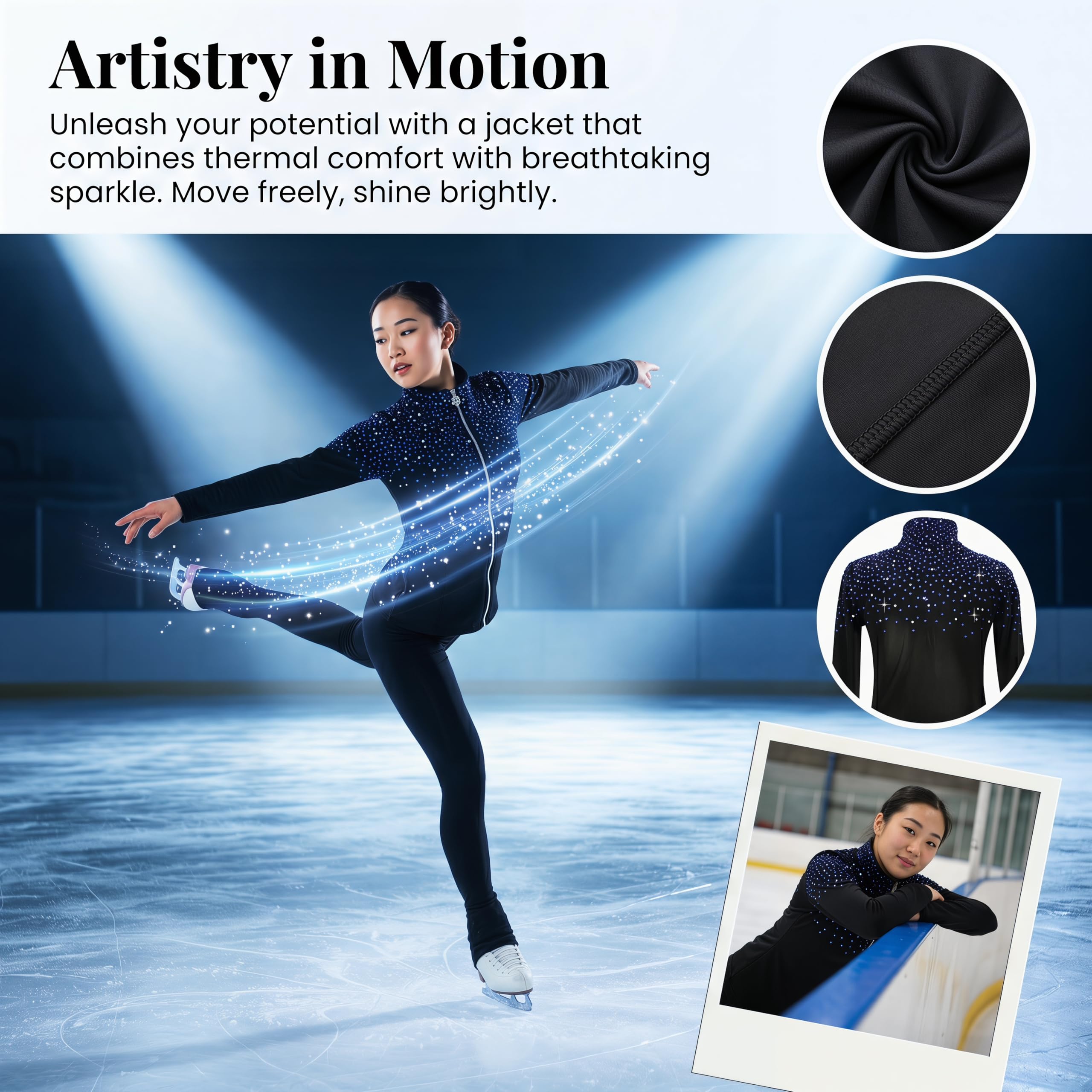 Chaqueta de entrenamiento negra para patinaje sobre hielo para niña con diamantes de imitación azules y ropa de entrenamiento de patinaje elegante y cálida de felpa