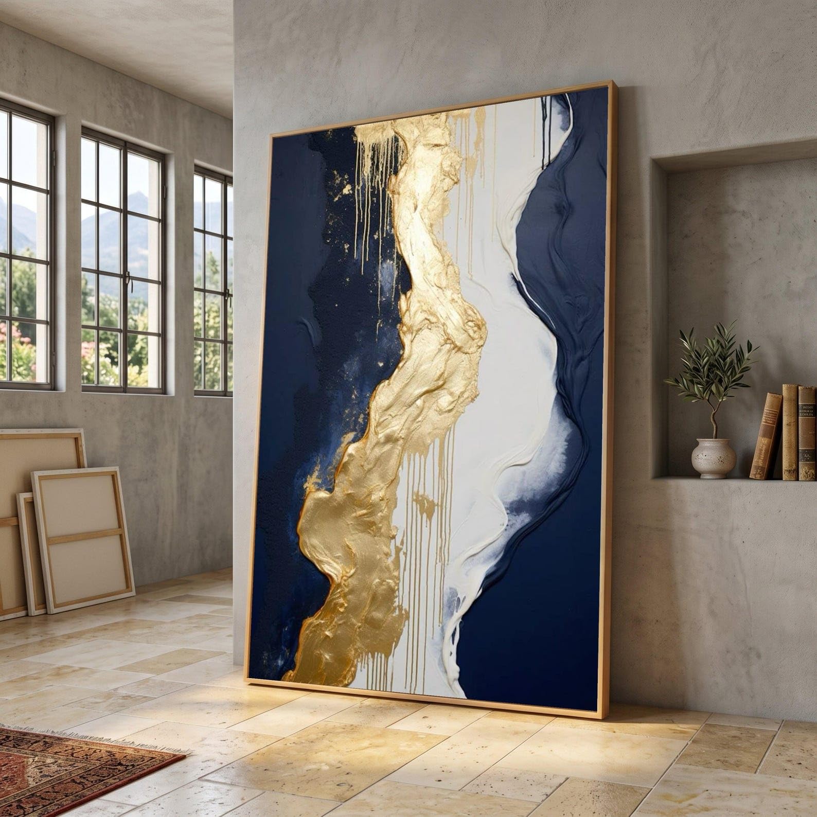 TONGYINLI Gold Vein Abstract Canvas Prints, Navy Blue White Wall Art, Luxury Painting Ready Hang Artwork(70x110cm/Frameless)