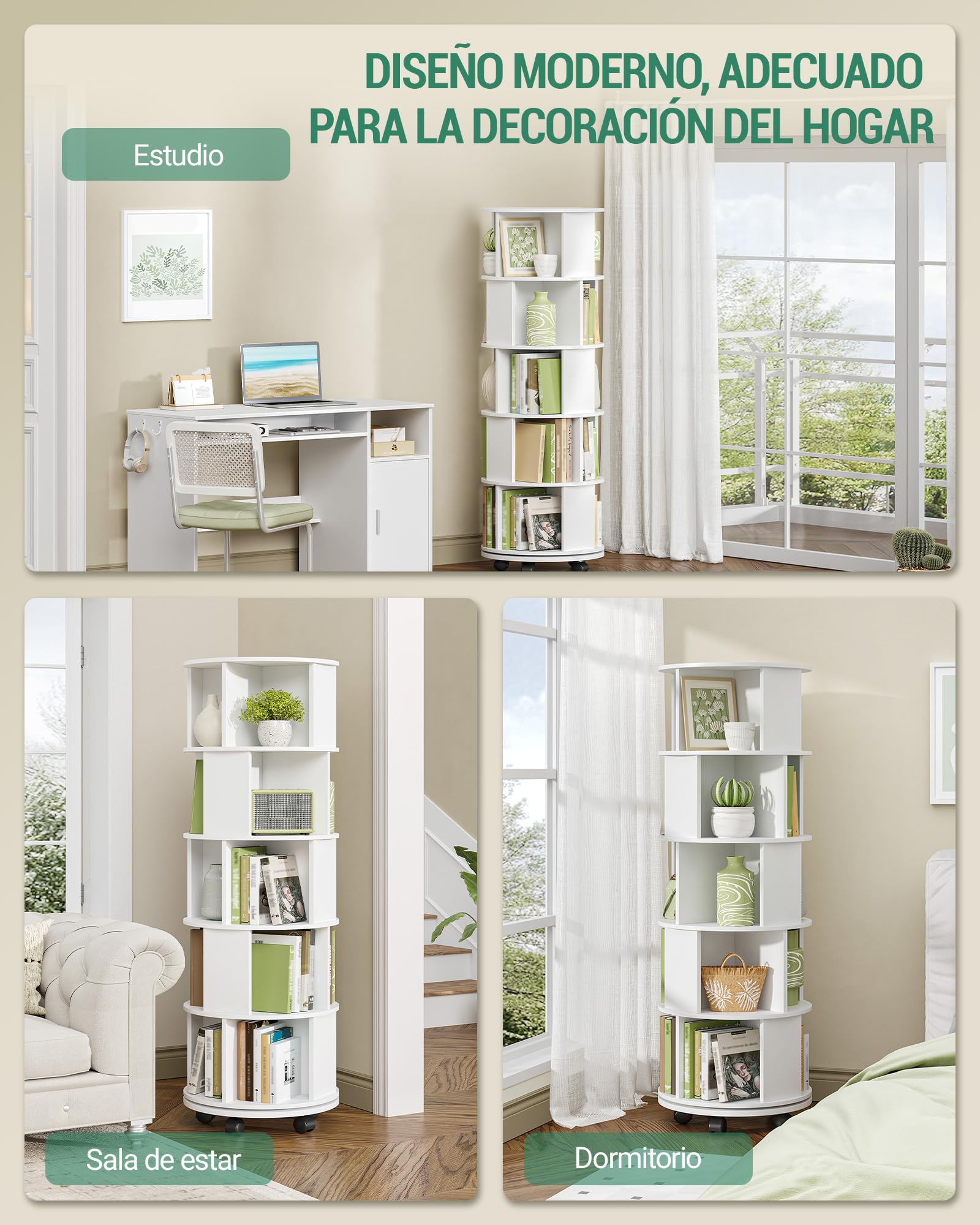 Hzuaneri Libreria Estantería Giratoria 360°, Librero Vertical de 5 Niveles, Estante para Libros con Ruedas Fijas, para Salón, Estudio y Oficina, 45 x 45 x 161,5 cm, Blanco BC54003X | Estantería de almacenamiento de 5 niveles, estantería moderna con ruedas