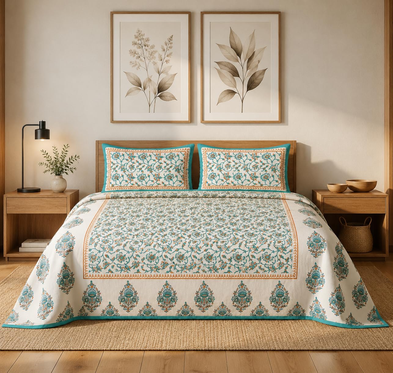 JAIPUR PRINTS King Size Bedsheet |100% Cotton Flat Sheet King Size with Two Pillow Covers| Super Soft Bed Sheet for King Size Bed | (235 x 215cm)(90 x 100 inch) Flat Sheet,Teal and White, Cotton-image-45
