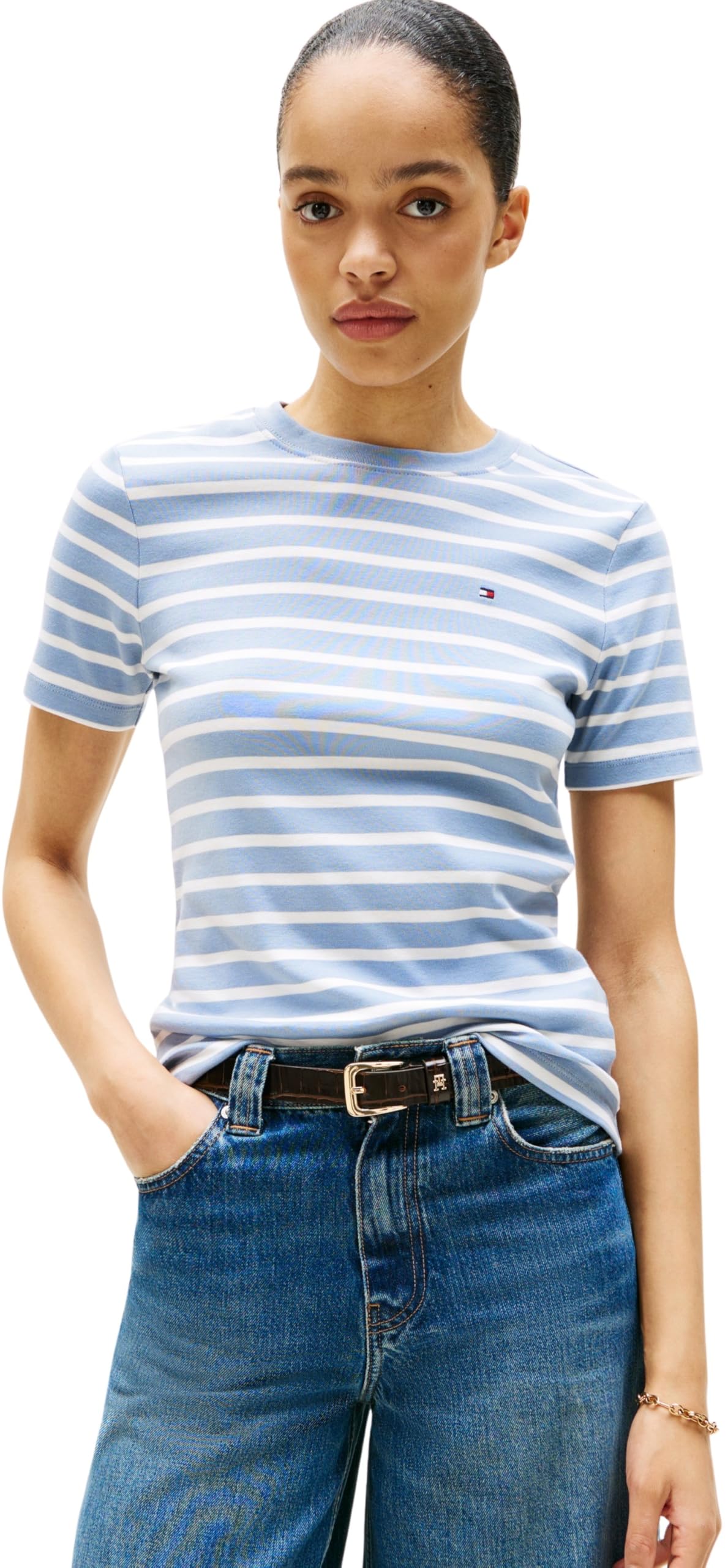 Tommy Hilfiger Women’s Short Sleeve Round Neck Slim Cody T-Shirt, Multicolor (Brisk Blue/Ecru STP), XS