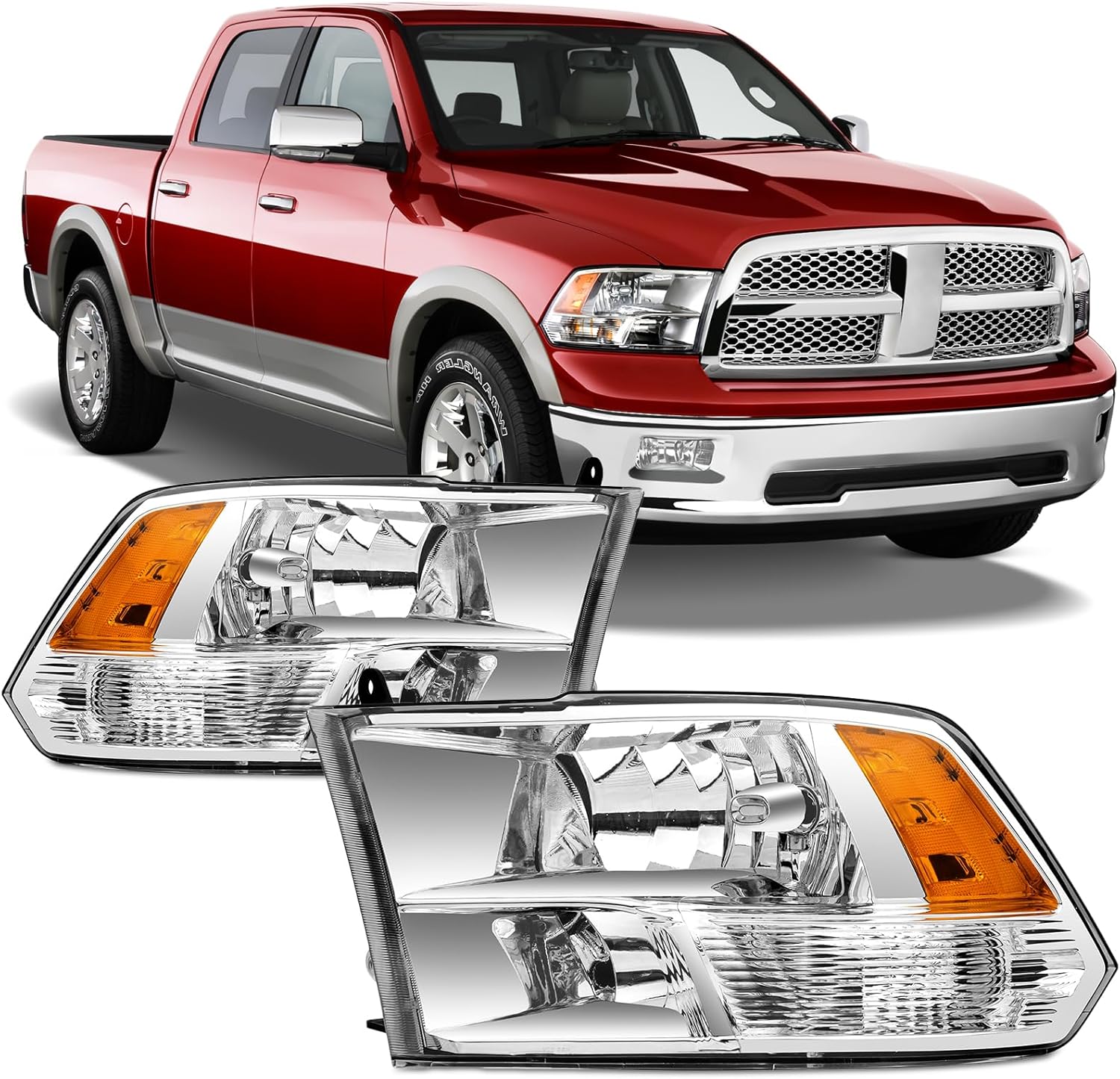 Headlights Assembly For 2009-2018 Dodge Ram 1500 2500 3500, Fit For 09-18 Ram Quad or Dual Style Halogen Headlamp Clear Lens Chrome Housing Amber Corner Head Lights Set Replacement Pair Chrome Amber