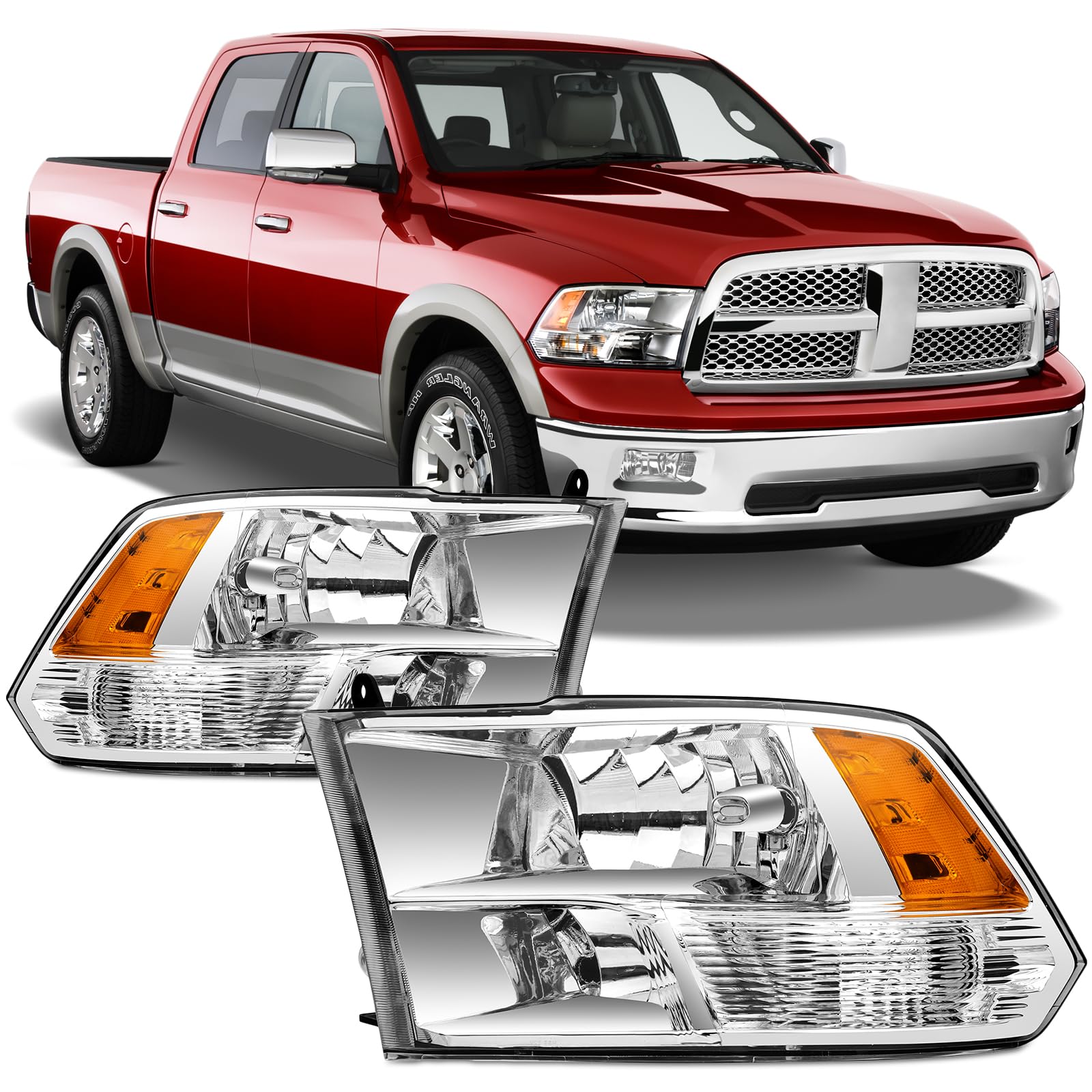 Headlights Assembly For 2009-2018 Dodge Ram 1500 2500 3500 W/Halogen Quad Headlamp,Clear Lens & Chrome Housing OE Replacement,1x Pair