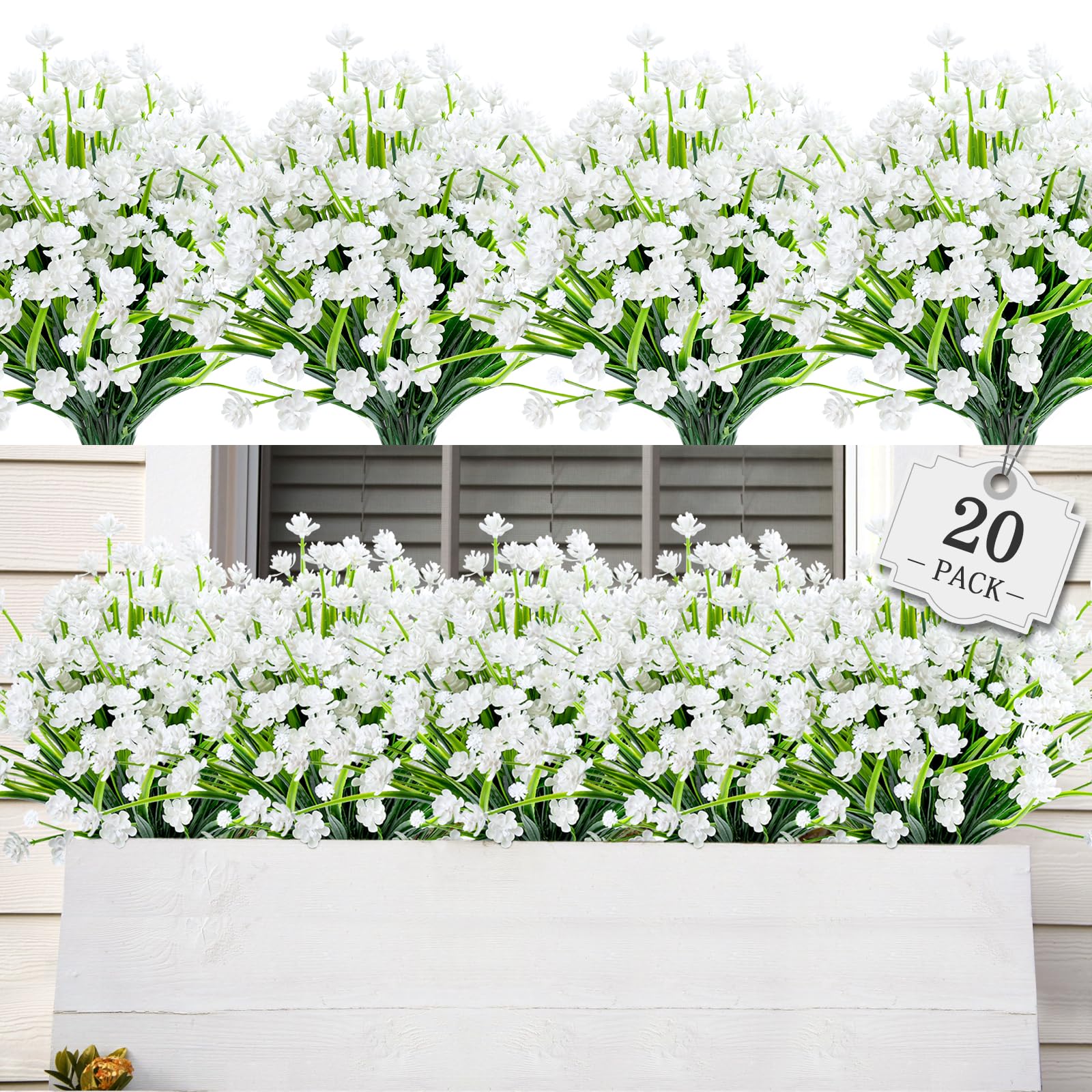 AmyHomie 20 Bundles Artificial Flowers Outdoor UV Resistant Faux Flowers No Fade Fake Plastic Plants Garden Porch Window Box Decorating (Pure White)