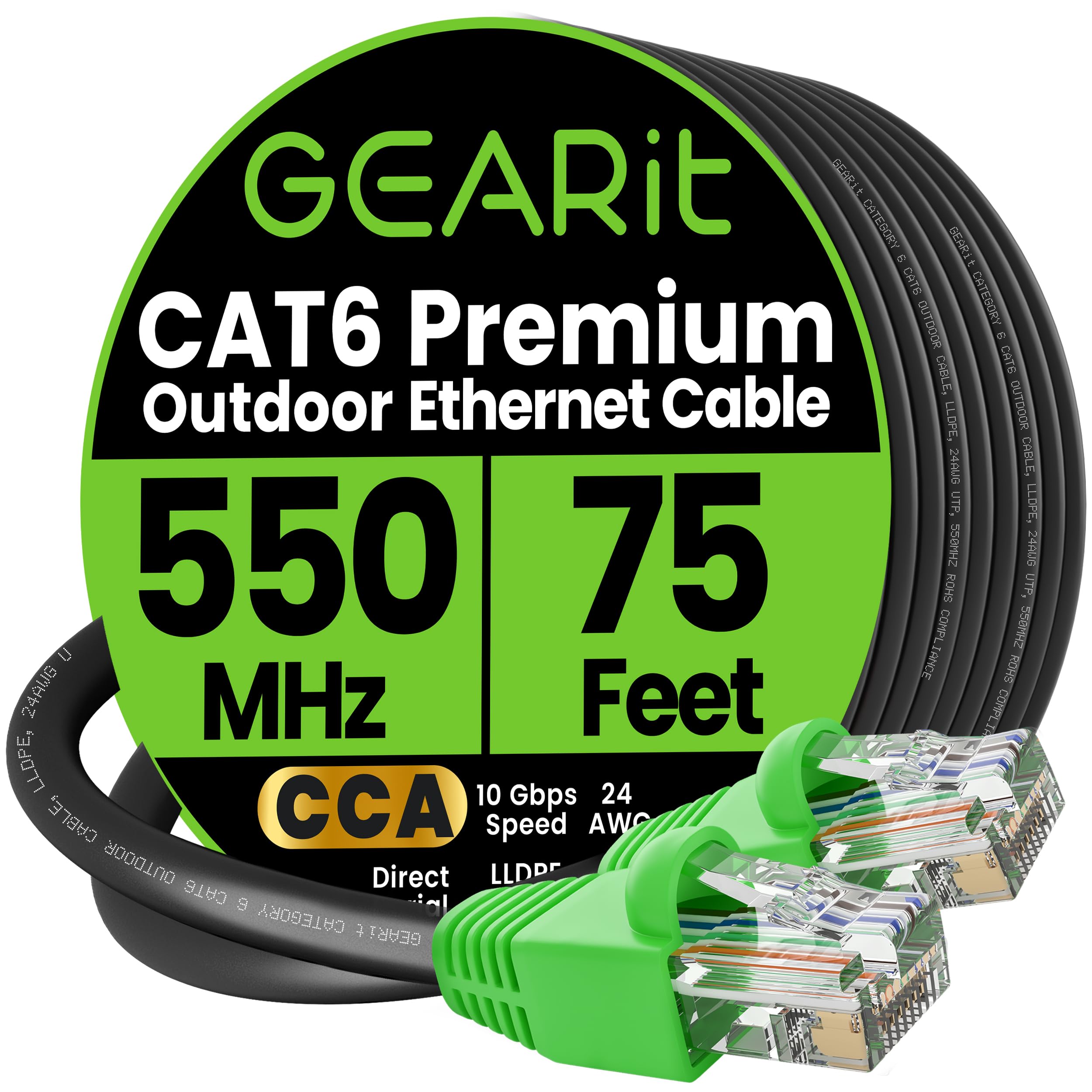 GEARit RJ45 Cat-6 Ethernet Patch Cable, 10Gpbs Transfer Speed, Gold-Plated Connectors, Copper Clad, Outdoor, UV Resistant, Direct Burial, Waterproof,
