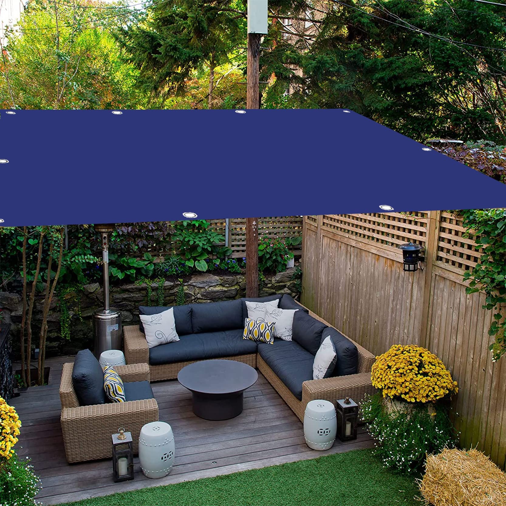 Voile d'ombrage bleu imperméable pour pergola avec corde incluse