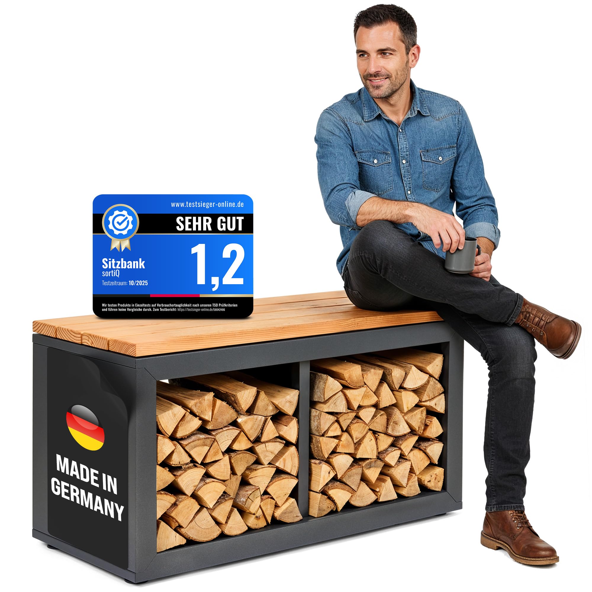 Holzlager Bank - Sitzbank mit Stauraum, feuerverzinktes, pulverbeschichtetes Stahlblech | Douglasie-Sitzfläche | Wetterfeste, Moderne Sitztruhe | Storage Bench | Made in Germany (90 x 50 cm)