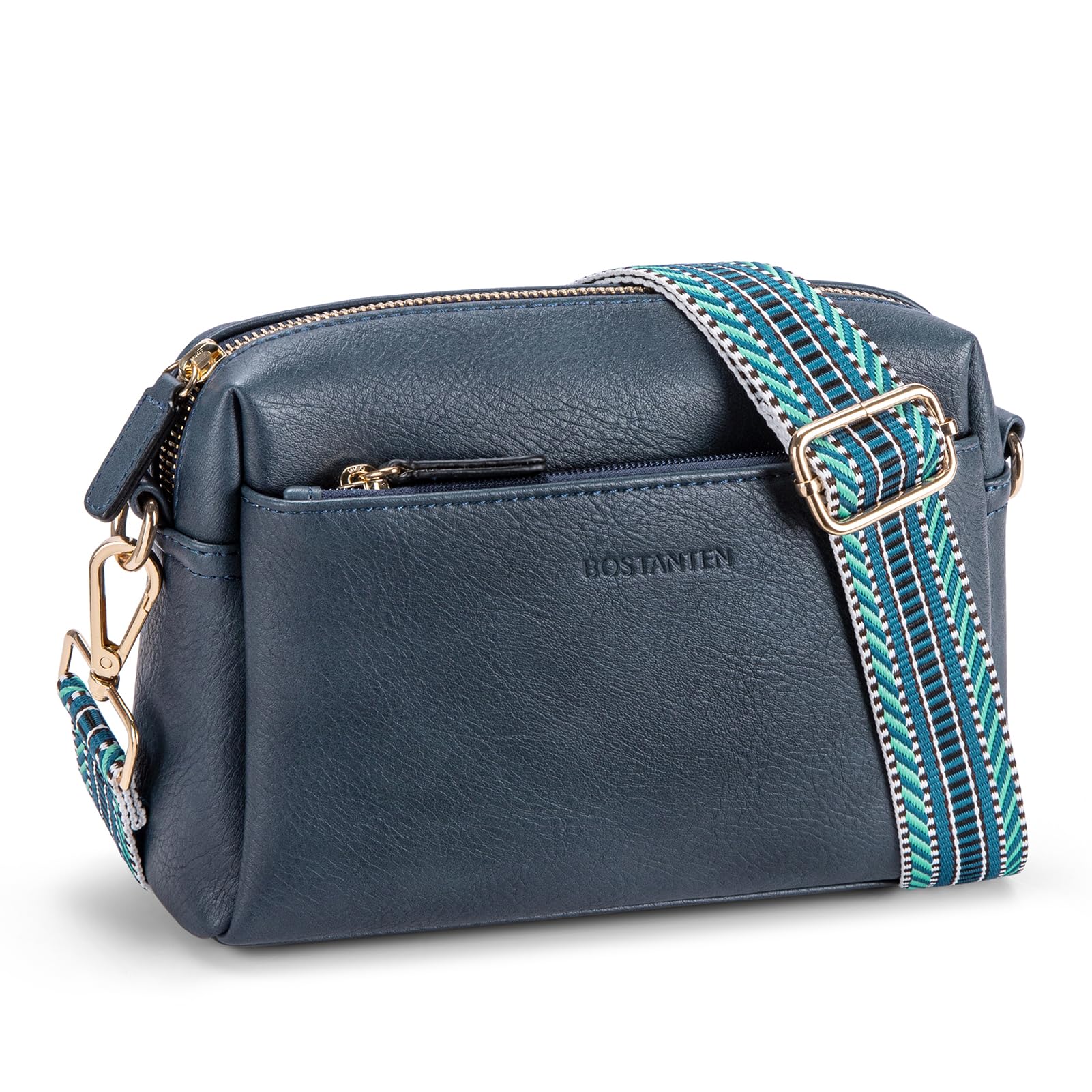 BOSTANTEN Small Crossbody Purse for Women Triple Zip Cell Phone Leather Handbag with Colored Shoulder Strap