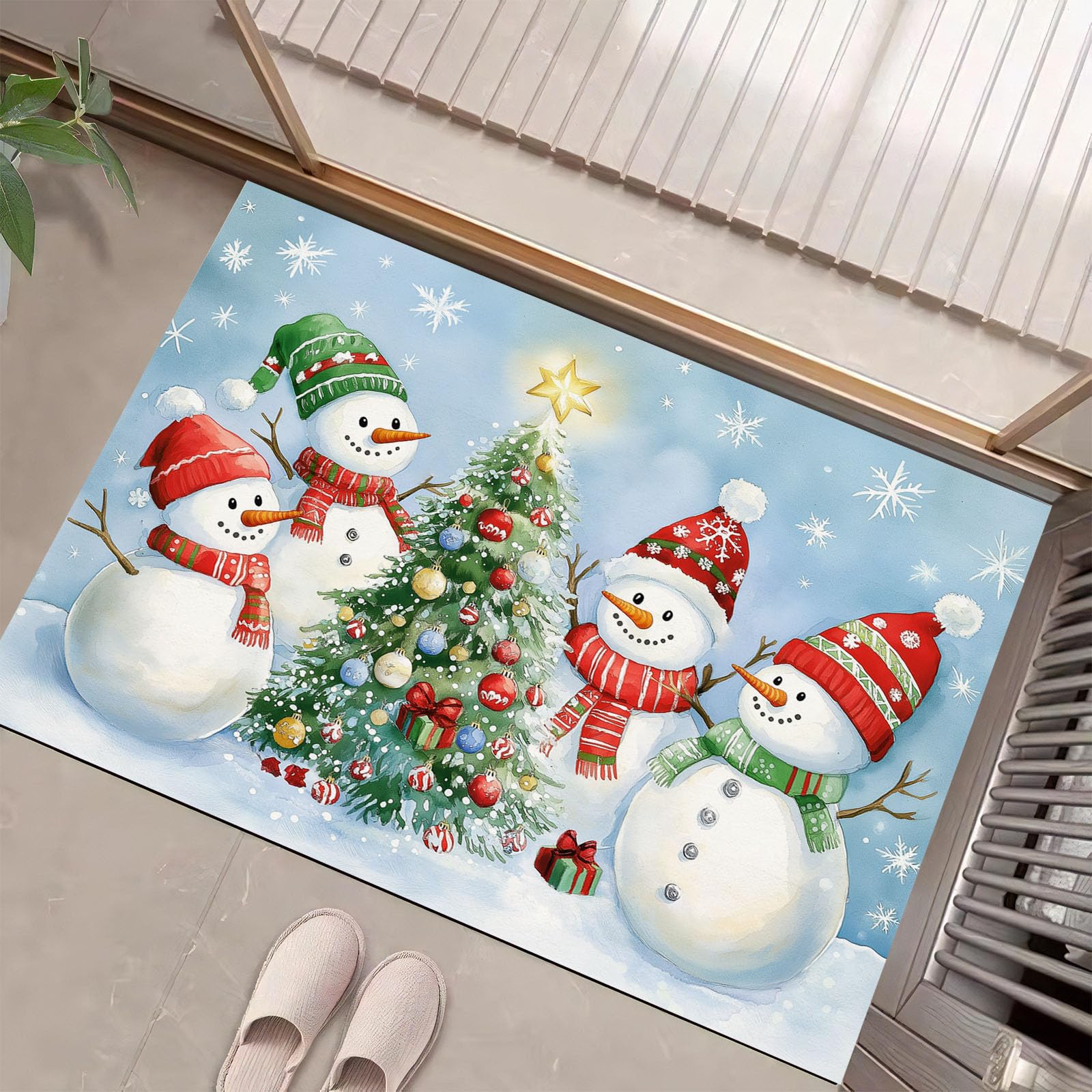 Alfombra pequeña lavable 50x80cm: felpudo interior azul cielo con árbol de Navidad