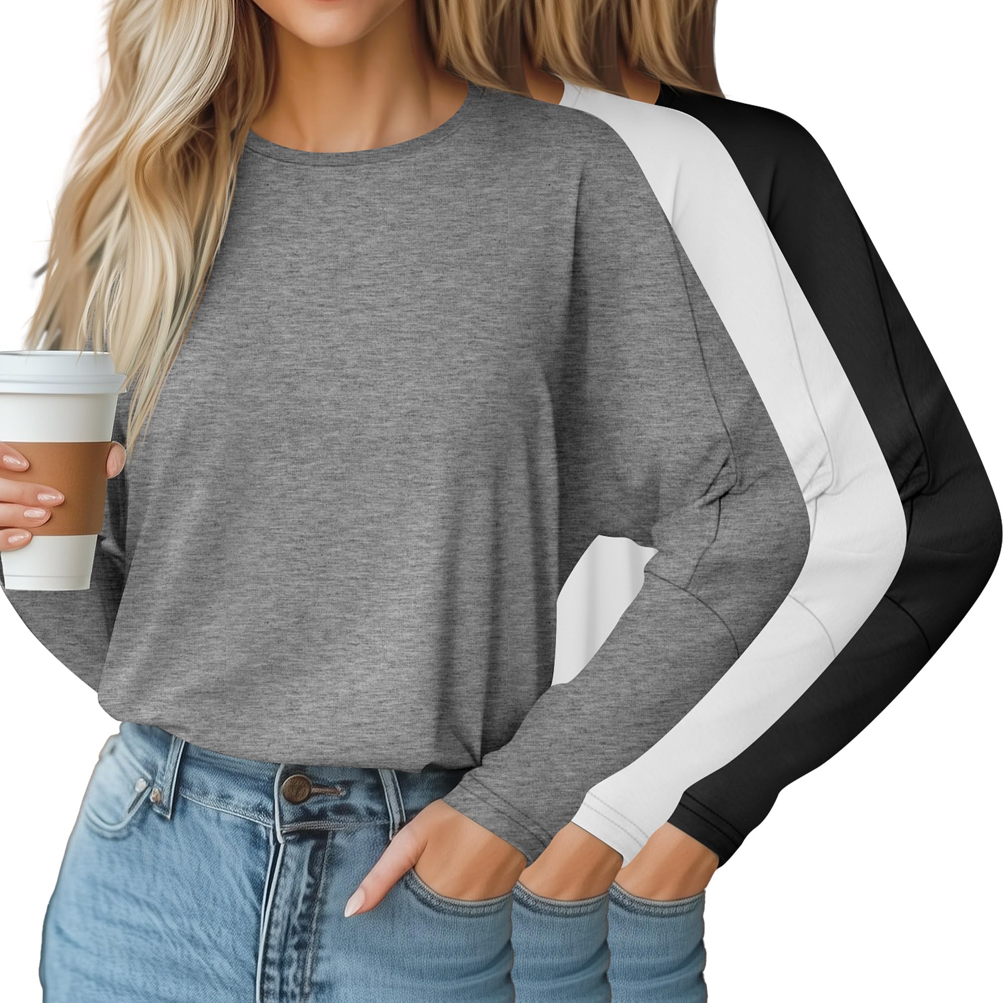 Riyiper 3 Pcs Women's Bat Long Sleeve Tops Crew Neck Tunic T Shirt Oversized Fall Winter Solid Blouses Casual Outfits