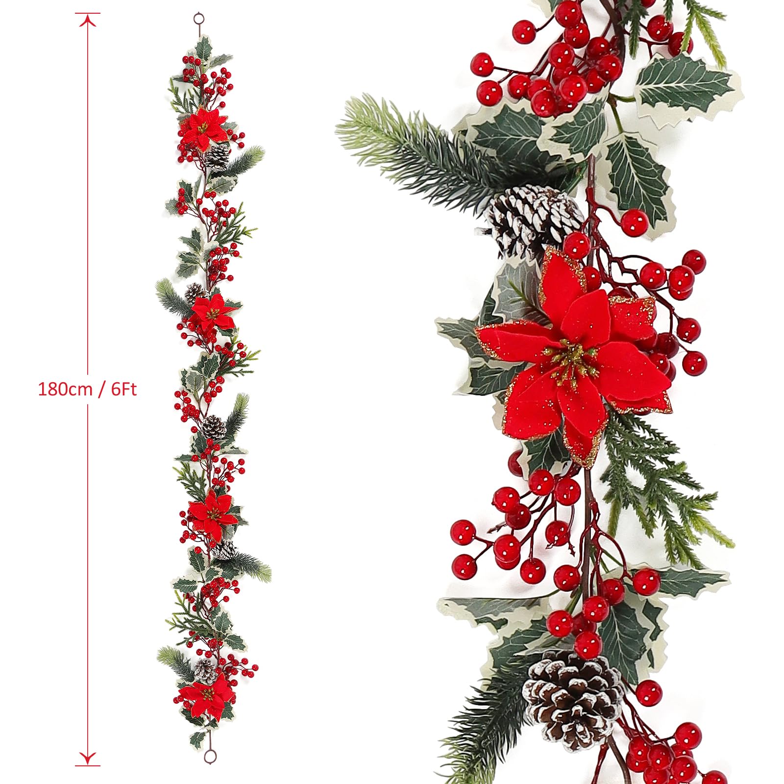2 guirnaldas de Bayas Artificiales con Hojas Verdes, Guirnalda de Navidad con Bayas Rojas, Guirnalda de Abeto, Guirnalda de Bayas Rojas para Bodas, chimeneas, escaleras, decoración de Mesa