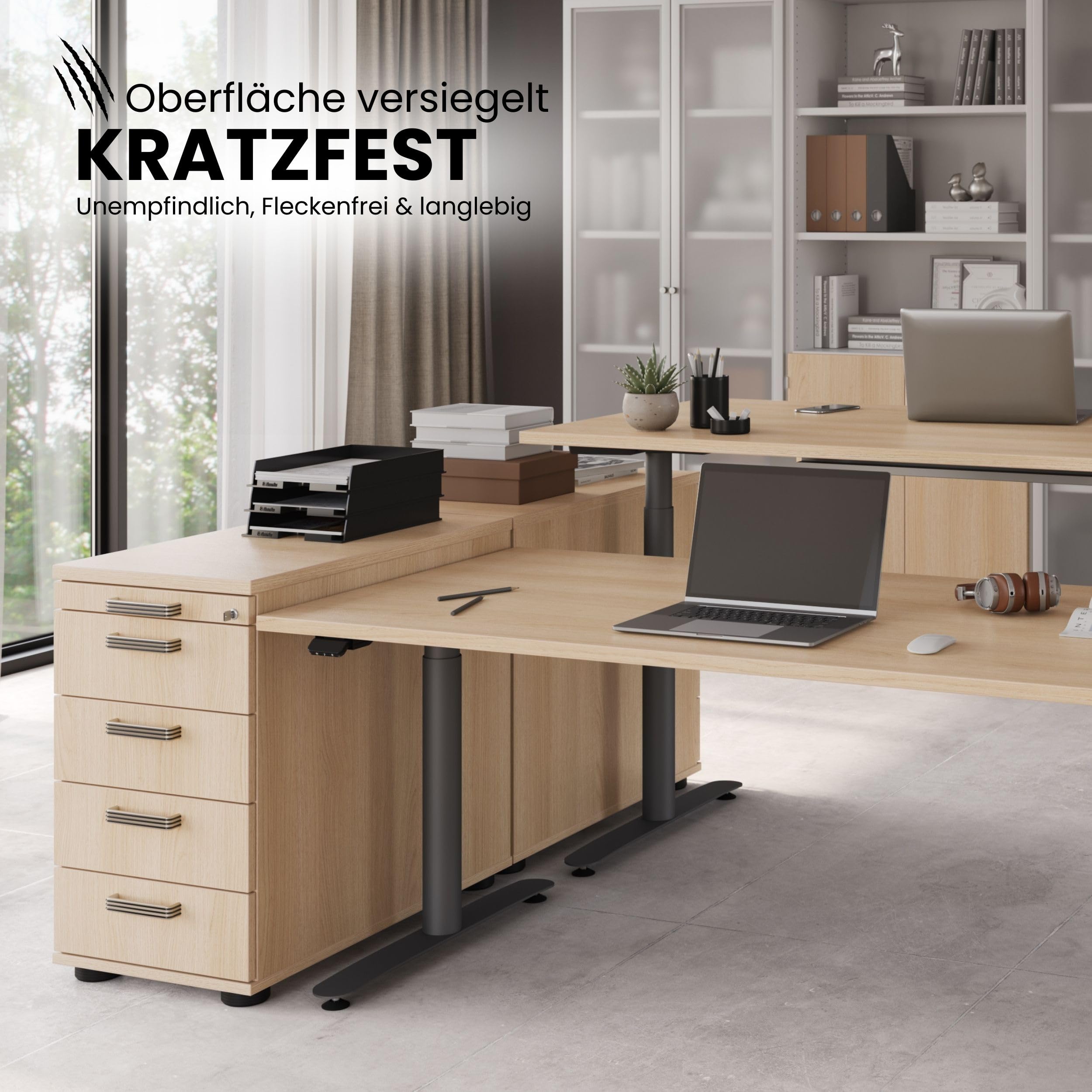 bümö Schreibtisch Schrank abschließbar, Schubladenschrank Holz in Asteiche, Container mit Schubladen - Schubladen Schrank Büro, Schreibtisch Container od. Schreibtisch Kommode mit Relinggriffe