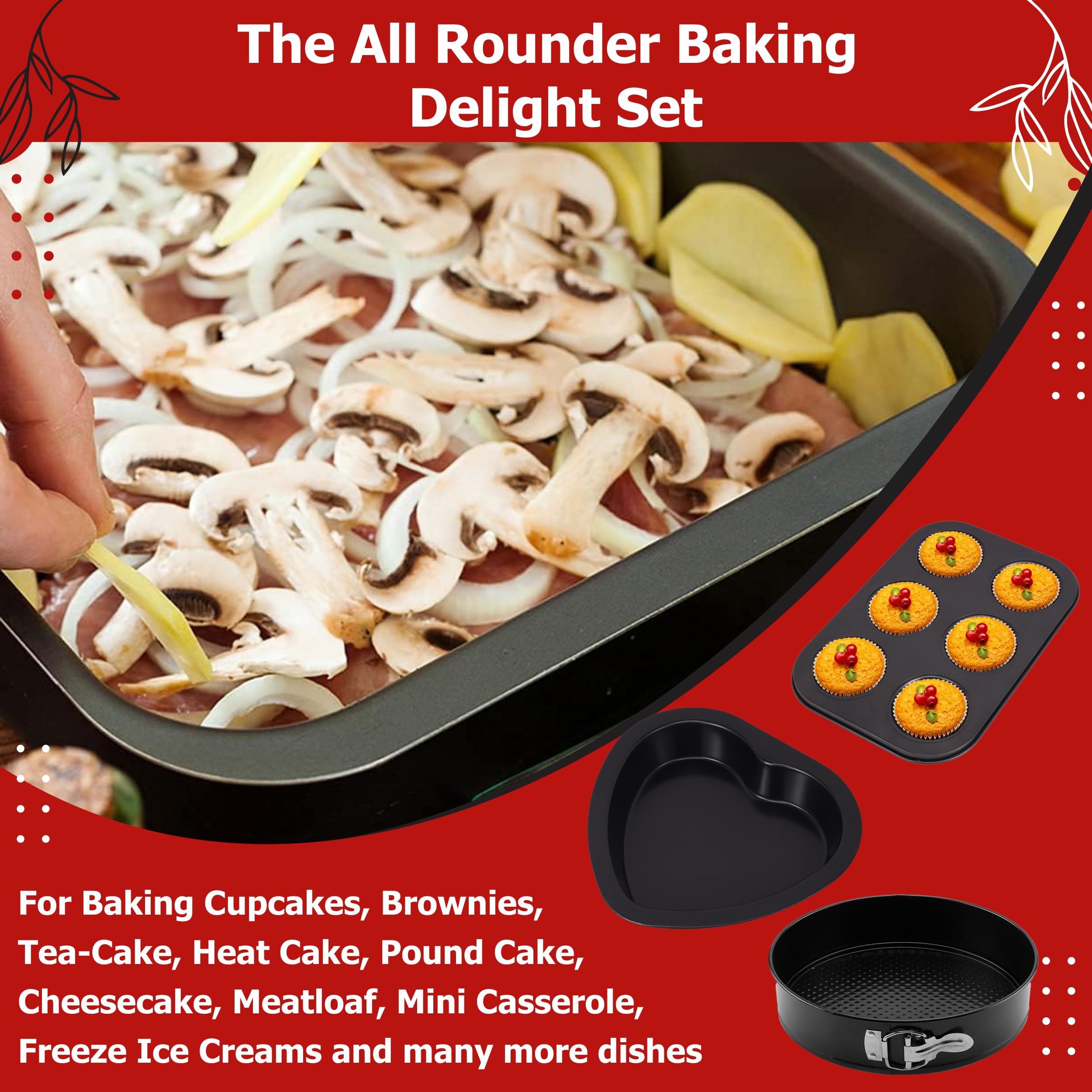 Casa Azul 4-in-1 Non-Stick Baking Set | Muffin Tray for Baking, Square Baking Tray, Round Cake Pan, Heart Cake Mould - BPA Free Carbon Steel cake mold, Microwave & OTG Oven Safe Cake Moulds for Baking 2