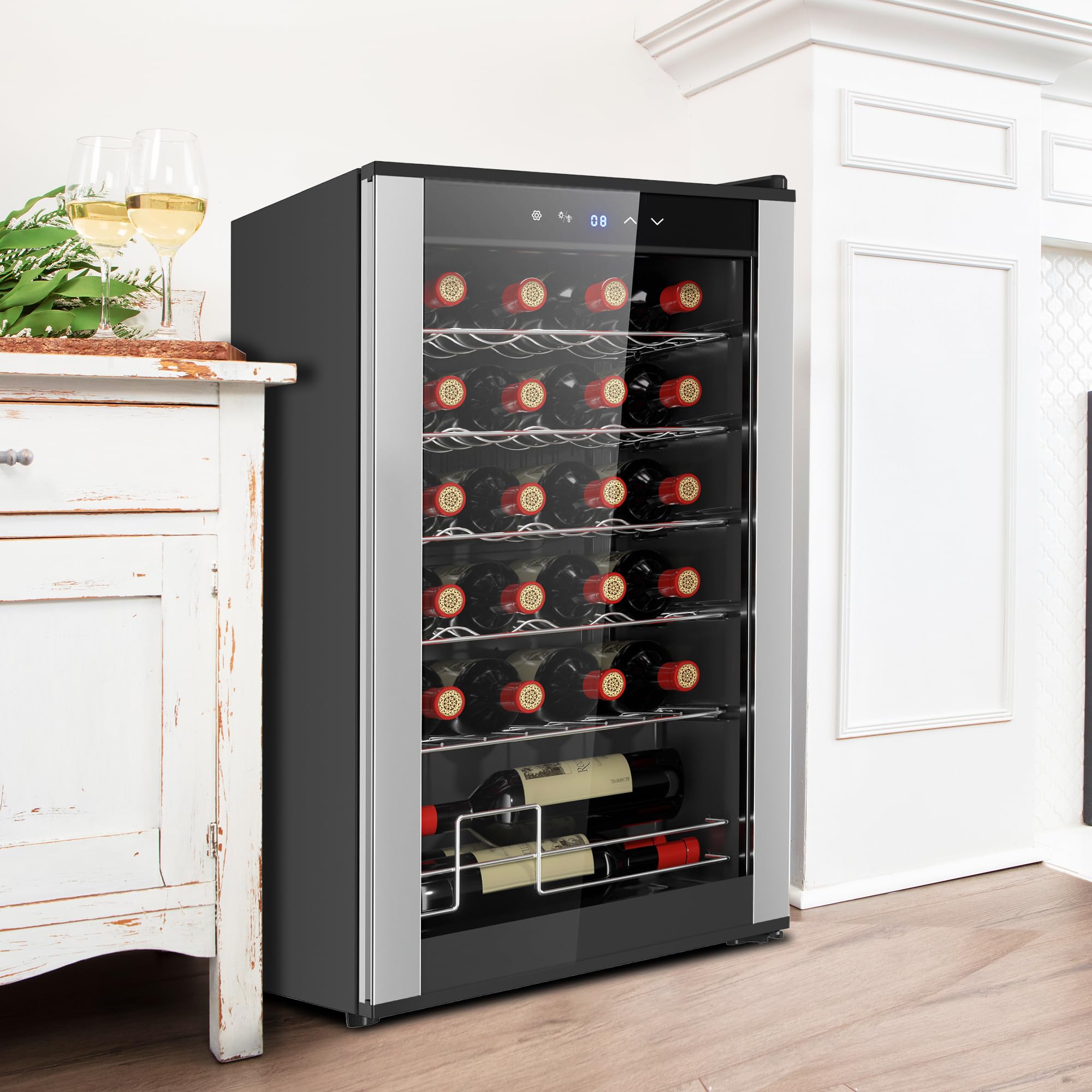 Koolatron Wine Fridge - Wine Cooler, 24 Bottle Wine Cabinet for Champagne, Red & White Wine, Dual Zone Freestanding Cellar For Bar, Home, Kitchen, Double Paned Glass Door, (68L)
