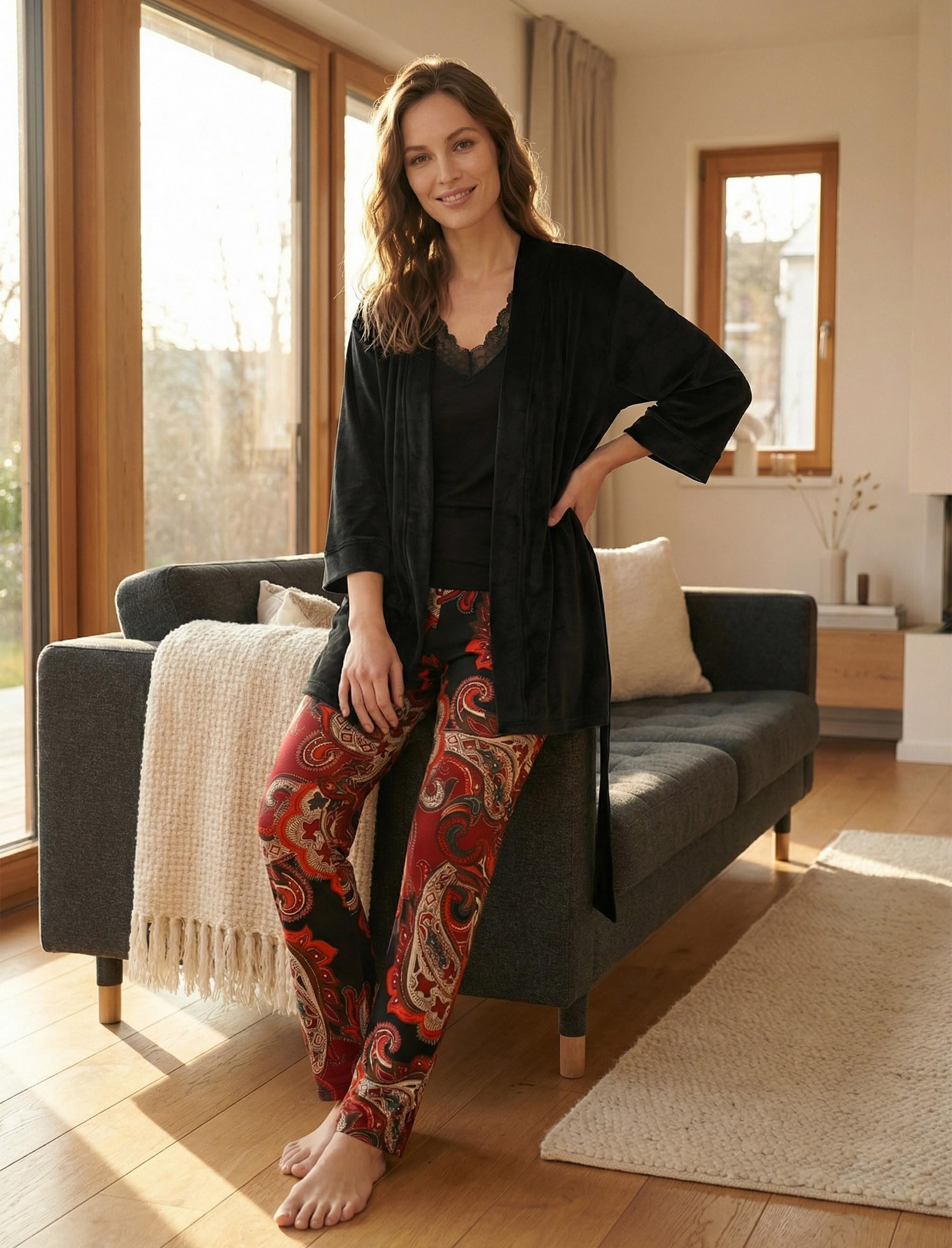 VIVISENCE - Pijama de tres piezas para mujer, con albornoz suave y cómodo