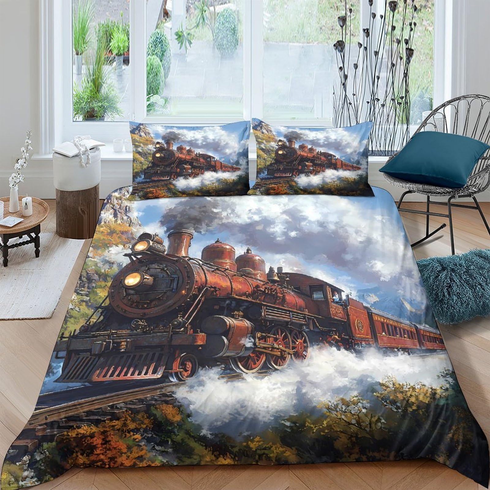 Ctjqhvkz Style-7 3D Printed Vintage Steam Train Fitted Sheet Microfiber Soft Breathable Railway Landscape Bed Cover For Bedroom Decor Single（135X200cm）