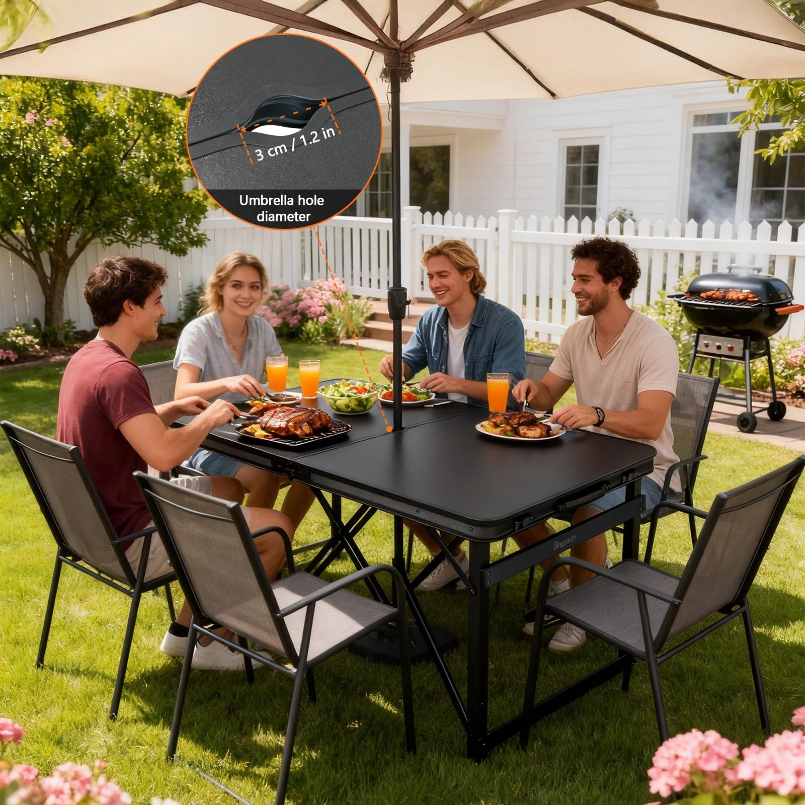 Mesa Plegable Camping 120x60 con agujero para sombrilla de 3 cm de diámetro, altura ajustable 53/62/70 cm, con asa; aluminio tubo cuadrado doble barra y MDF fácil de limpiar, ligera y fácil de transpo