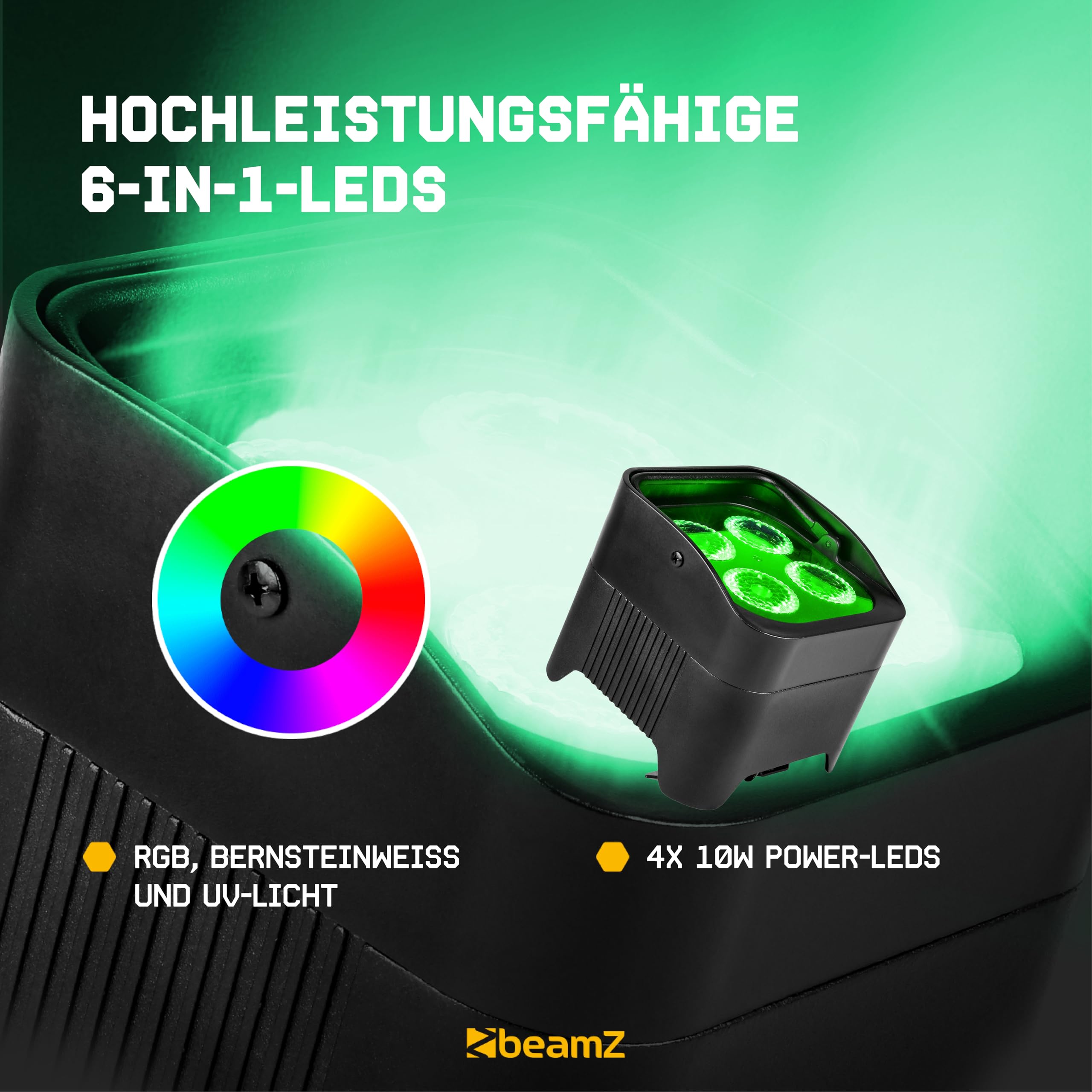 BeamZ BBP94 LED Uplight LED Par Strahler, 6er Set mit Tasche, 10 x 4 Watt, Bühnenbeleuchtung 6er Set für DJ Pult, Bühnenlicht, DMX-LAN, Partylicht Musikgesteuert, Bühnenequipment, mit Fernbedienung