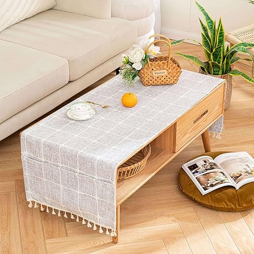 qiden Mantel para mesa auxiliar, funda para mesa auxiliar con bolsillos y borlas, lino de algodón, impermeable, pequeños manteles rectangulares para