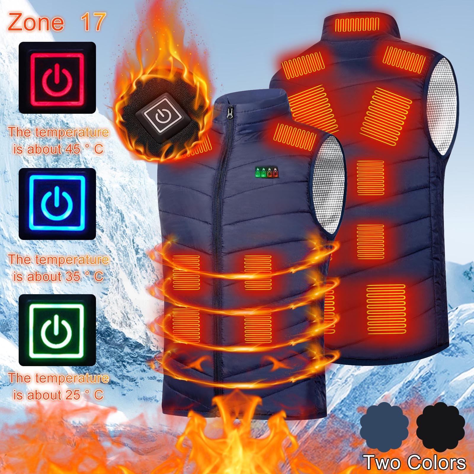 Gilet chauffant pour homme et femme, veste chauffante pour le corps, 17 zones de chauffage, veste chauffante avec 3 températures réglables, gilet chauffant rechargeable par USB, coupe-vent chauffant