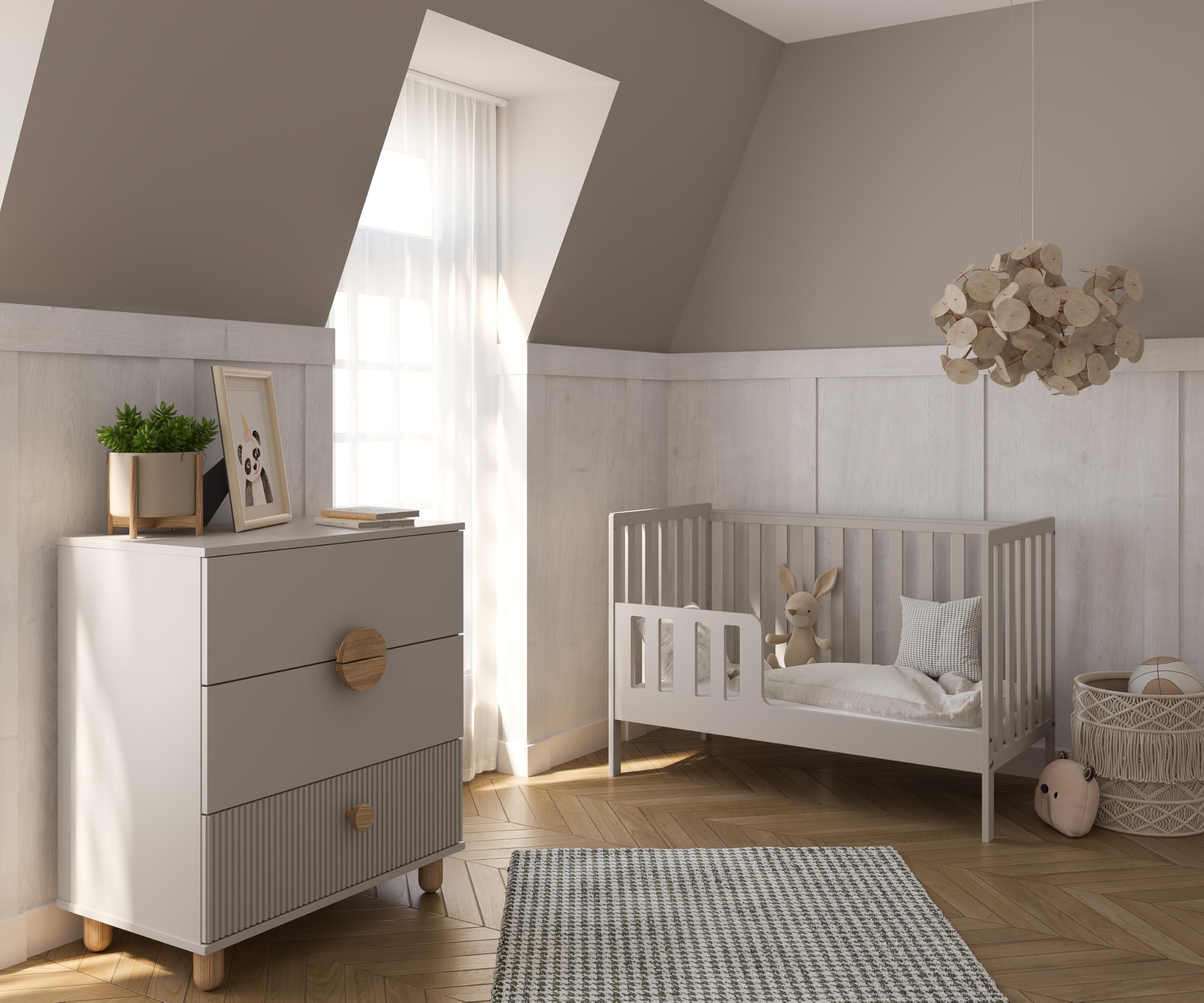 zee - Babybett Kinderbett, 2w1 Bett Bambi - Dreistufige Einstellung für Nicht Sitzendes, Sitzendes und Stehendes Kind - Zwei Abnehmbare Sprossen - mit Geländer - 60x120x86cm, Cachemire